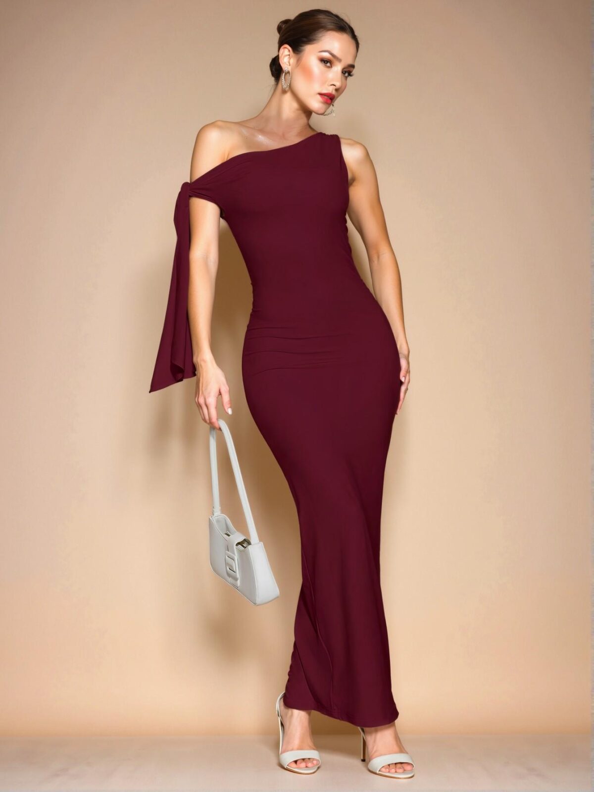 Elegant Burgundy Ruched Asymmetric Shoulder Tie Dress with a Stylish Split for Summer Celebrations - Chic, Classy and Trendy Fashion Style to Dress to Impress