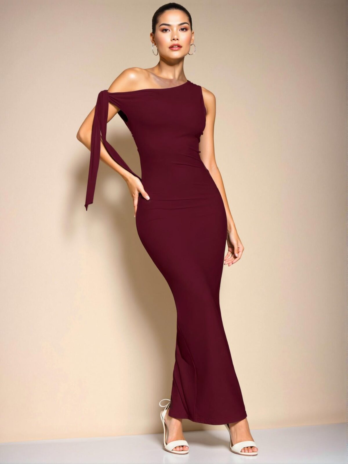 Elegant Burgundy Ruched Asymmetric Shoulder Tie Dress with a Stylish Split for Summer Celebrations - Chic, Classy and Trendy Fashion Style to Dress to Impress - Image 3