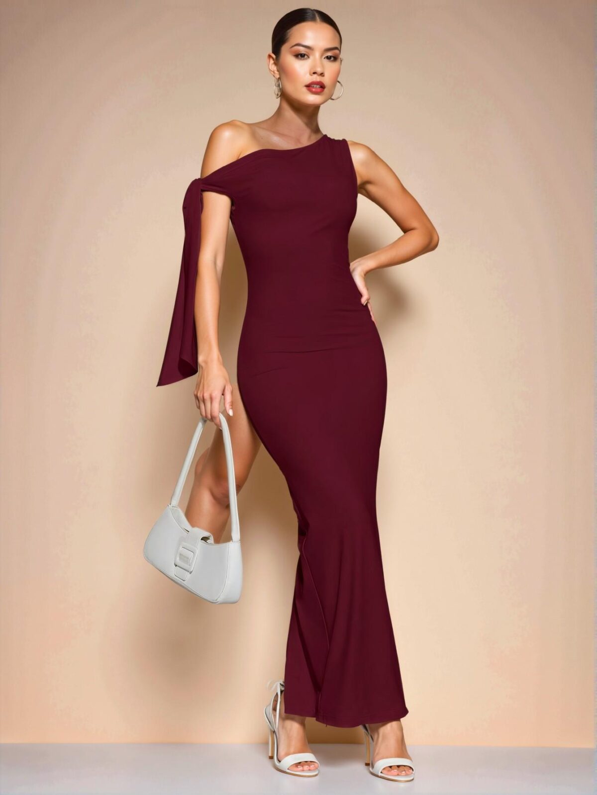 Elegant Burgundy Ruched Asymmetric Shoulder Tie Dress with a Stylish Split for Summer Celebrations - Chic, Classy and Trendy Fashion Style to Dress to Impress - Image 5