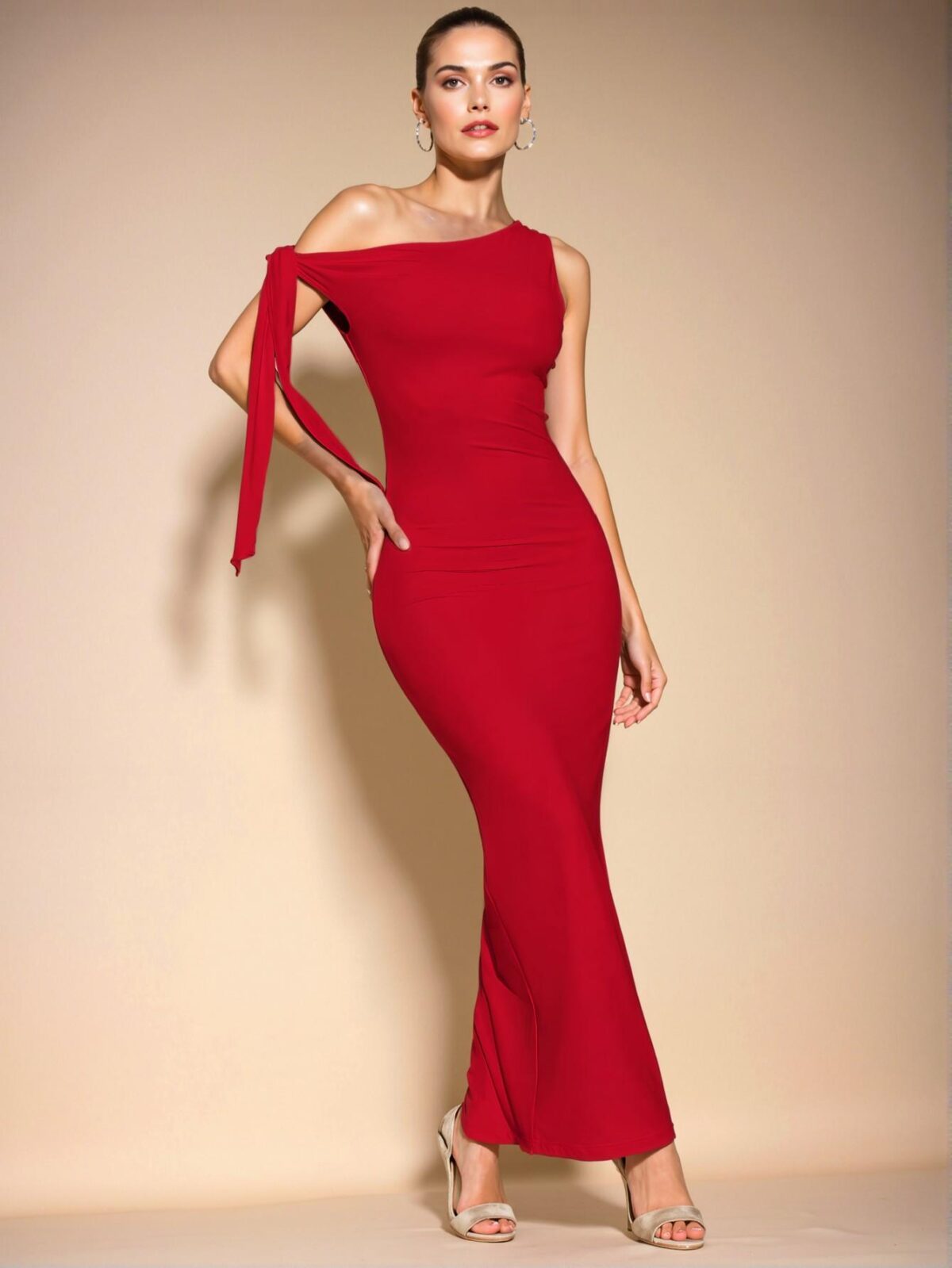 Elegant Red Asymmetrical Shoulder Tie Ruched Bodycon Dress with Elegant Split Hem for Spring and Summer - Chic, Classy and Trendy Fashion Style to Dress to Impress - Image 4