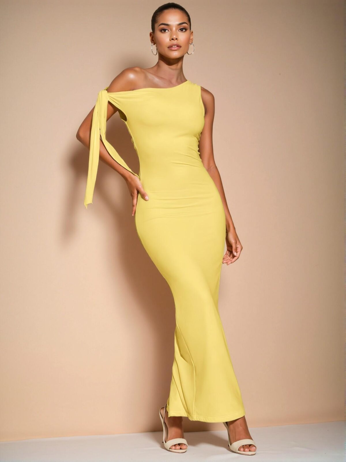 Elegant Yellow Asymmetrical Shoulder Tie Gathered Bodycon Dress with High Slit for Graduation - Chic, Classy and Trendy Fashion Style to Dress to Impress - Image 3
