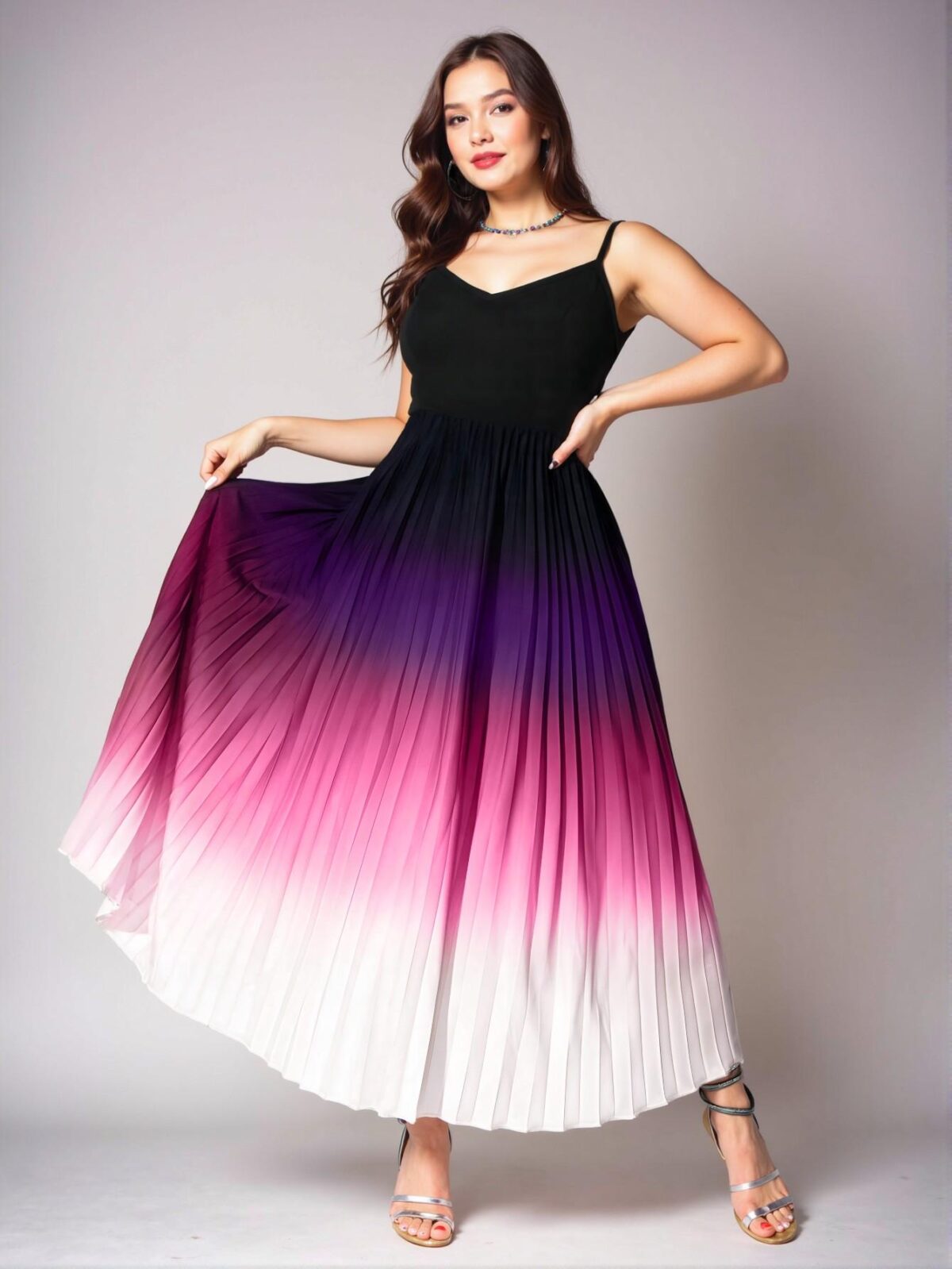 Elegant Hot Pink Pleated Cami Maxi Dress with Ruffles for Plus Size Women - Chic, Classy and Trendy Fashion Style to Dress to Impress - Image 4