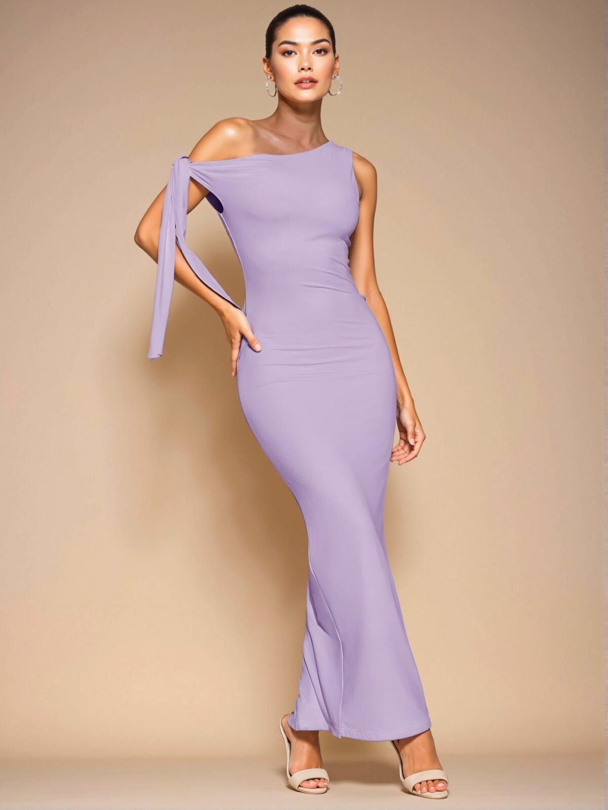 Elegant Mauve Purple Asymmetrical Neck Tie-Up Ruched Bodycon Dress with Side Slit for Spring and Summer - Chic, Classy and Trendy Fashion Style to Dress to Impress - Image 3