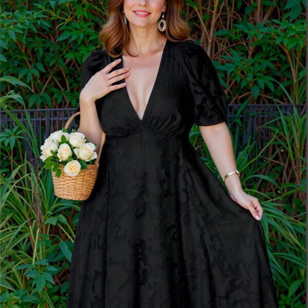 Elegant Black A-Line Deep V-Neck Puff Sleeve Jacquard Knitted Dress Chic, Classy and Trendy Fashion Style to Dress to Impress