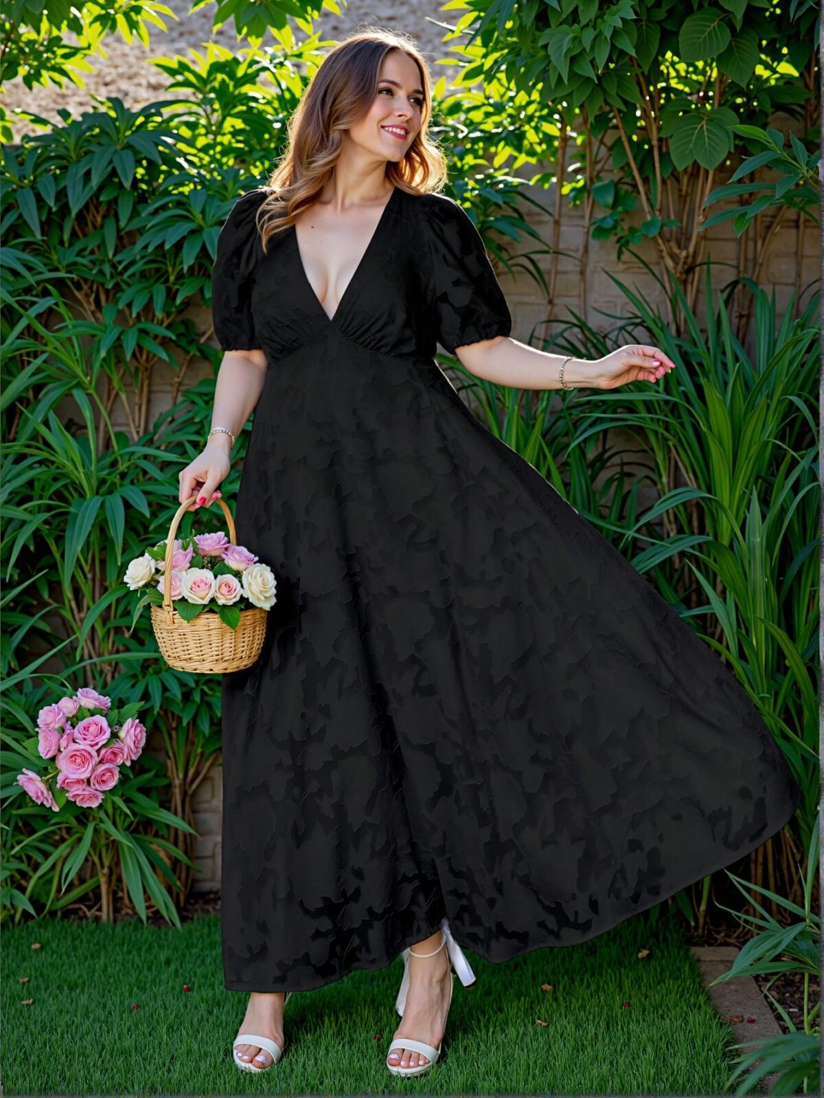 Elegant Black A-Line Deep V-Neck Puff Sleeve Jacquard Knitted Dress Chic, Classy and Trendy Fashion Style to Dress to Impress - Image 2