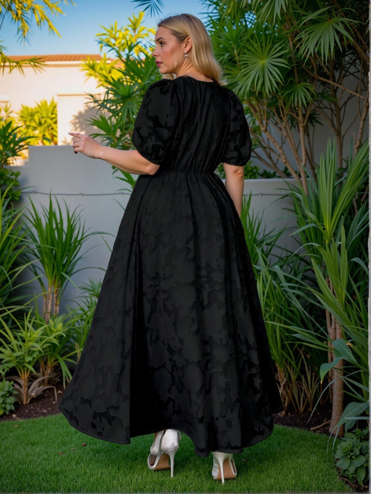 Elegant Black A-Line Deep V-Neck Puff Sleeve Jacquard Knitted Dress Chic, Classy and Trendy Fashion Style to Dress to Impress - Image 3