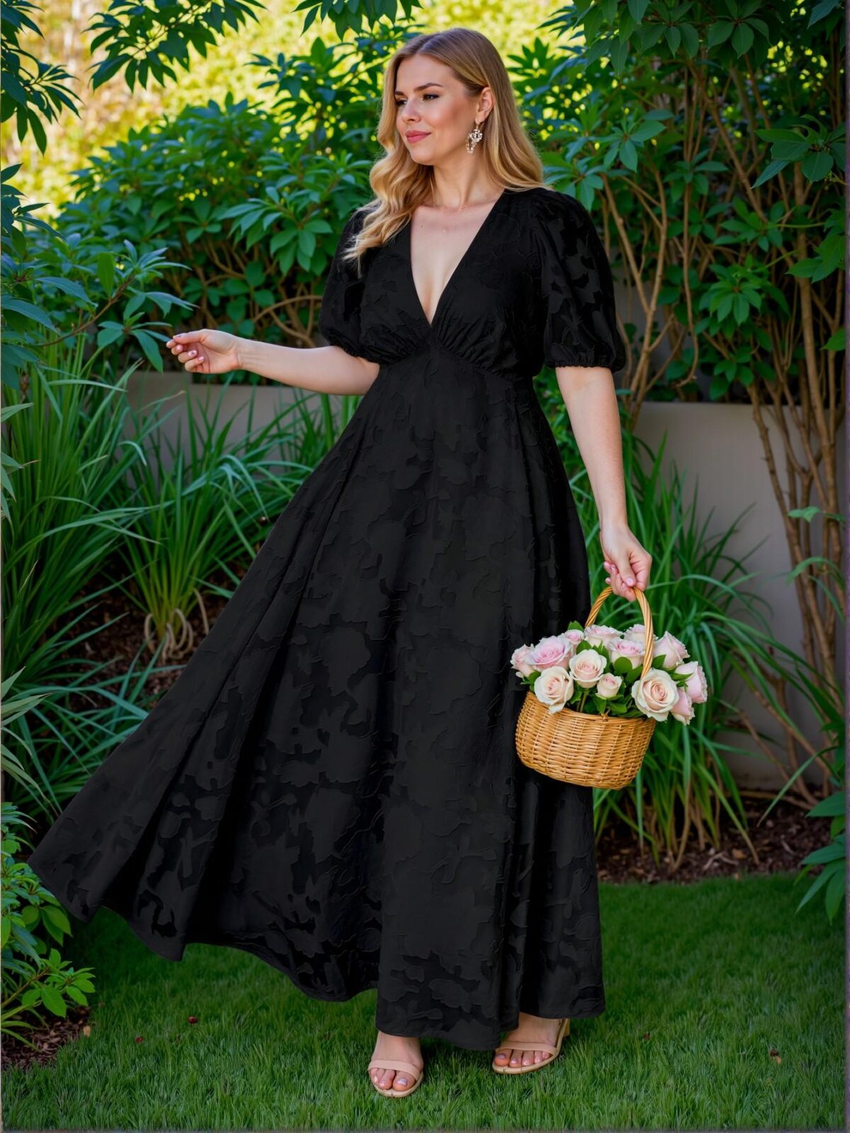 Elegant Black A-Line Deep V-Neck Puff Sleeve Jacquard Knitted Dress Chic, Classy and Trendy Fashion Style to Dress to Impress - Image 4