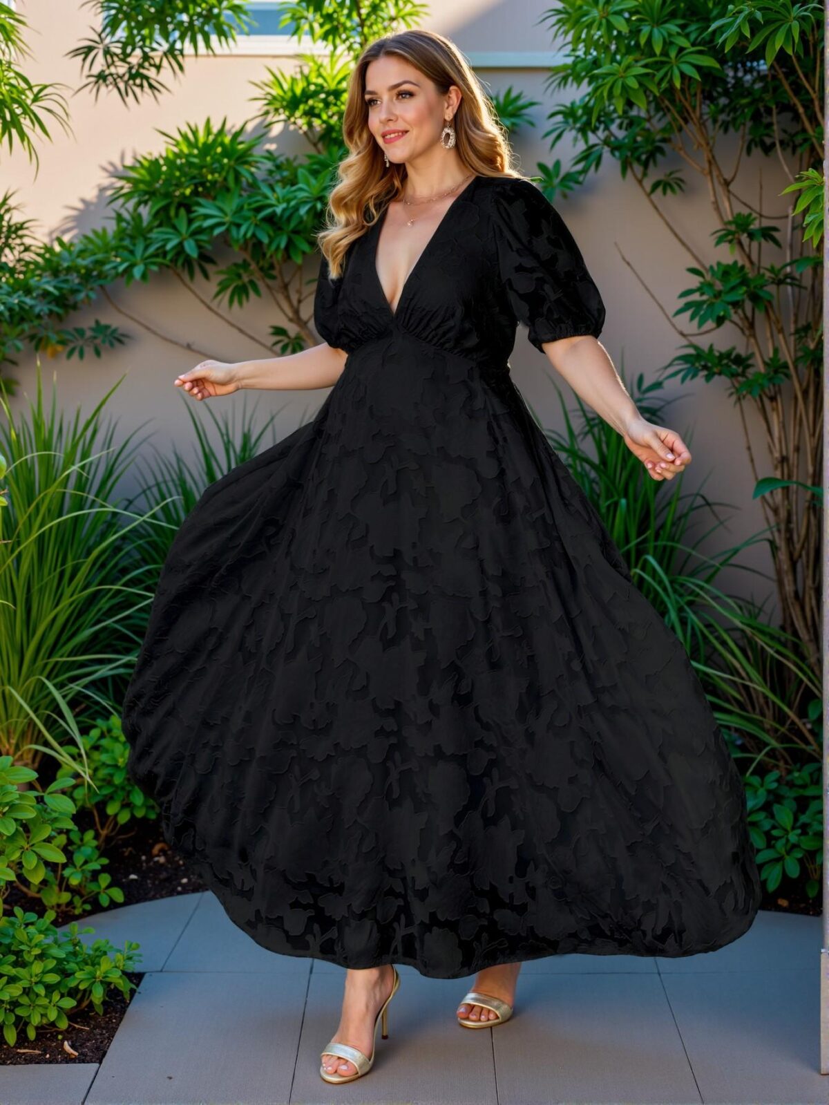 Elegant Black A-Line Deep V-Neck Puff Sleeve Jacquard Knitted Dress Chic, Classy and Trendy Fashion Style to Dress to Impress - Image 5