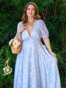 Elegant Blue Flared A-Line Dress with Deep V-Neck and Puff Sleeves - Chic, Classy and Trendy Fashion Style to Dress to Impress