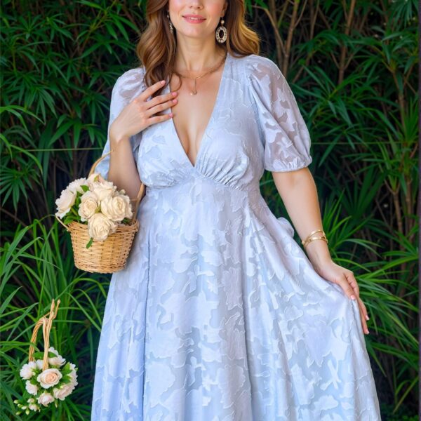 Elegant Blue Flared A-Line Dress with Deep V-Neck and Puff Sleeves - Chic, Classy and Trendy Fashion Style to Dress to Impress