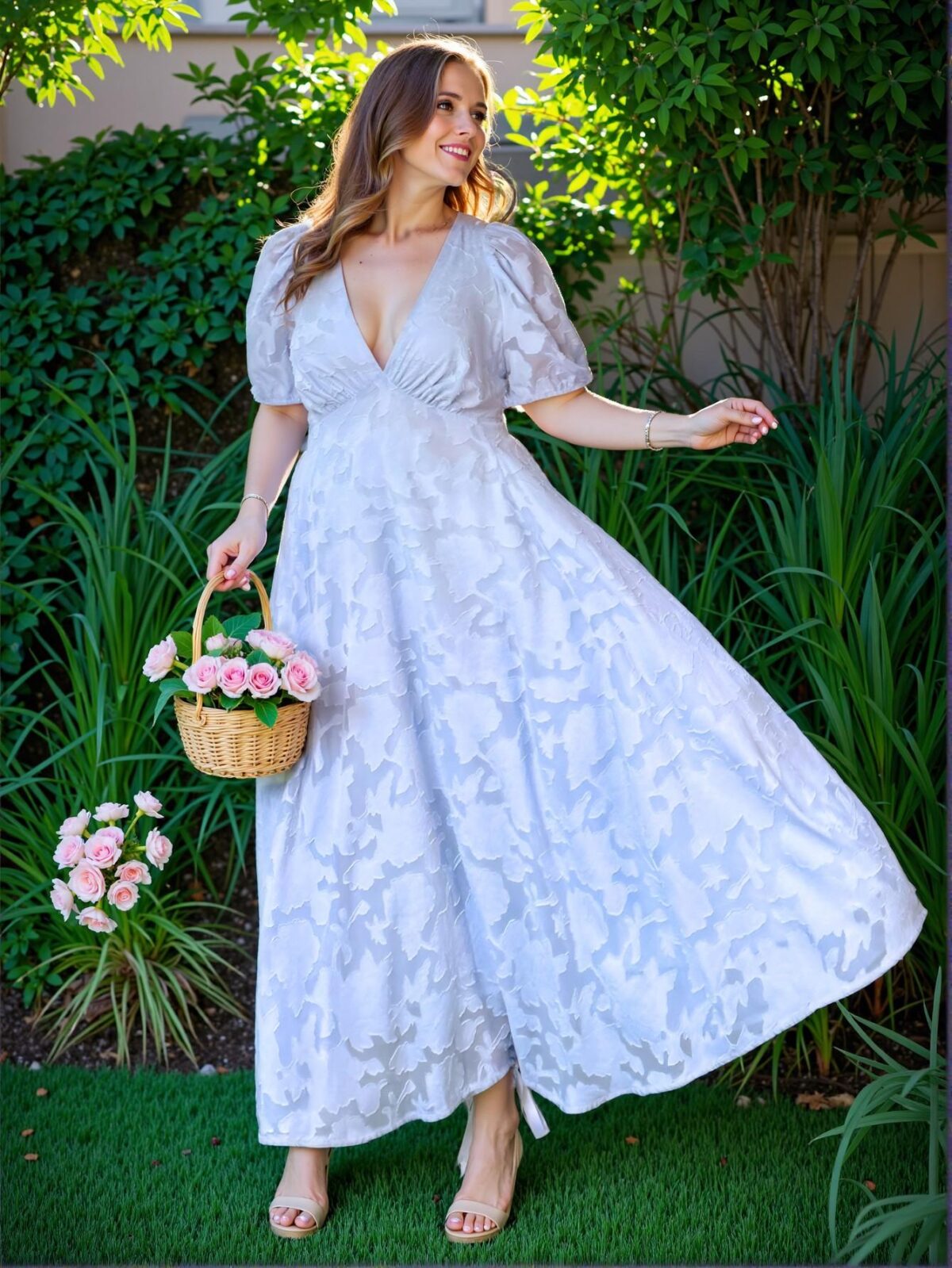 Elegant Blue Flared A-Line Dress with Deep V-Neck and Puff Sleeves - Chic, Classy and Trendy Fashion Style to Dress to Impress - Image 2