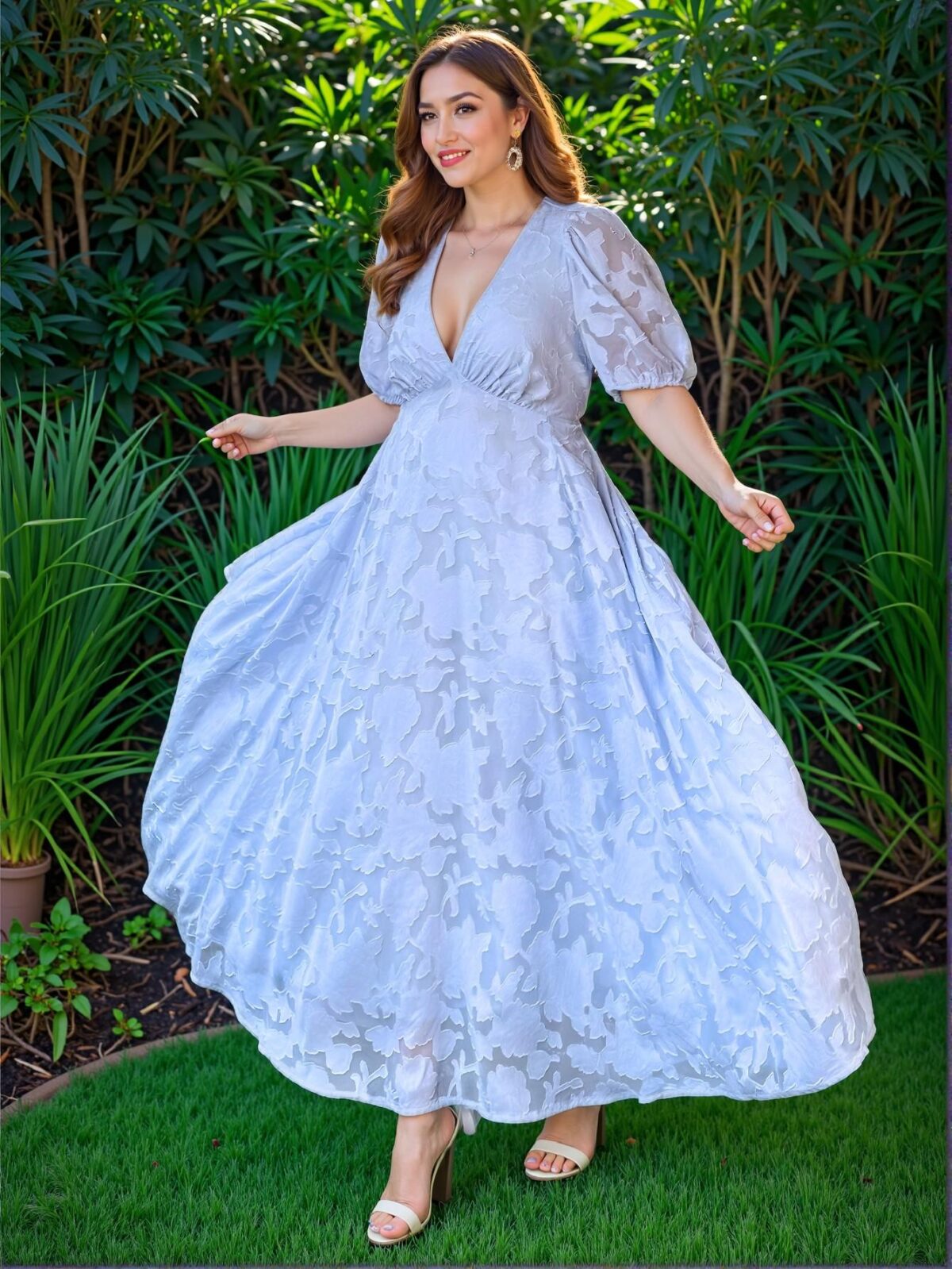 Elegant Blue Flared A-Line Dress with Deep V-Neck and Puff Sleeves - Chic, Classy and Trendy Fashion Style to Dress to Impress - Image 3