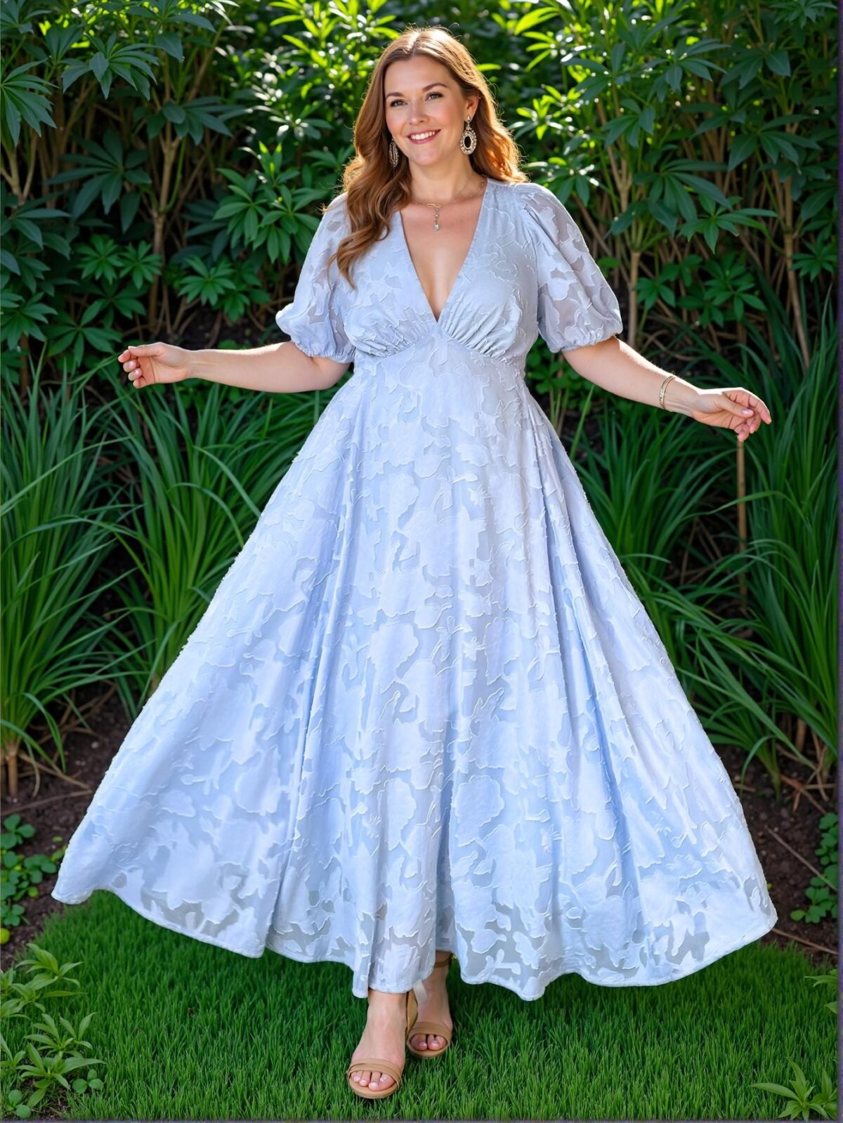 Elegant Blue Flared A-Line Dress with Deep V-Neck and Puff Sleeves - Chic, Classy and Trendy Fashion Style to Dress to Impress - Image 4