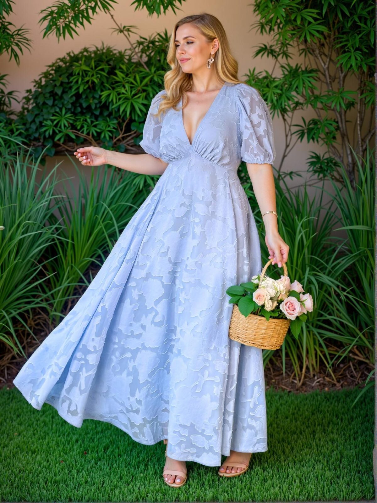 Elegant Blue Flared A-Line Dress with Deep V-Neck and Puff Sleeves - Chic, Classy and Trendy Fashion Style to Dress to Impress - Image 5