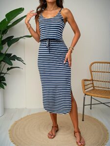 Elegant Navy Blue Stylish Spaghetti Strap Maxi Dress with Tie Waist and Side Slit for Effortless Spring and Summer Vibes - Chic, Classy and Trendy Fashion Style to Dress to Impress