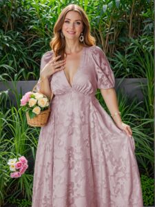 Elegant Pink Flared A-Line Deep V-Neck Dress with Puff Sleeves and Floral Details for Chic, Classy and Trendy Fashion Style to Dress to Impress
