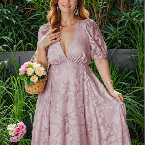 Elegant Pink Flared A-Line Deep V-Neck Dress with Puff Sleeves and Floral Details for Chic, Classy and Trendy Fashion Style to Dress to Impress