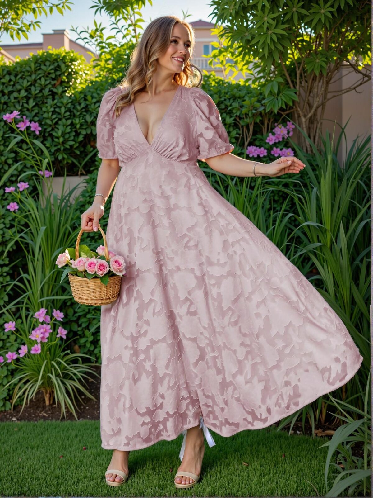 Elegant Pink Flared A-Line Deep V-Neck Dress with Puff Sleeves and Floral Details for Chic, Classy and Trendy Fashion Style to Dress to Impress - Image 2