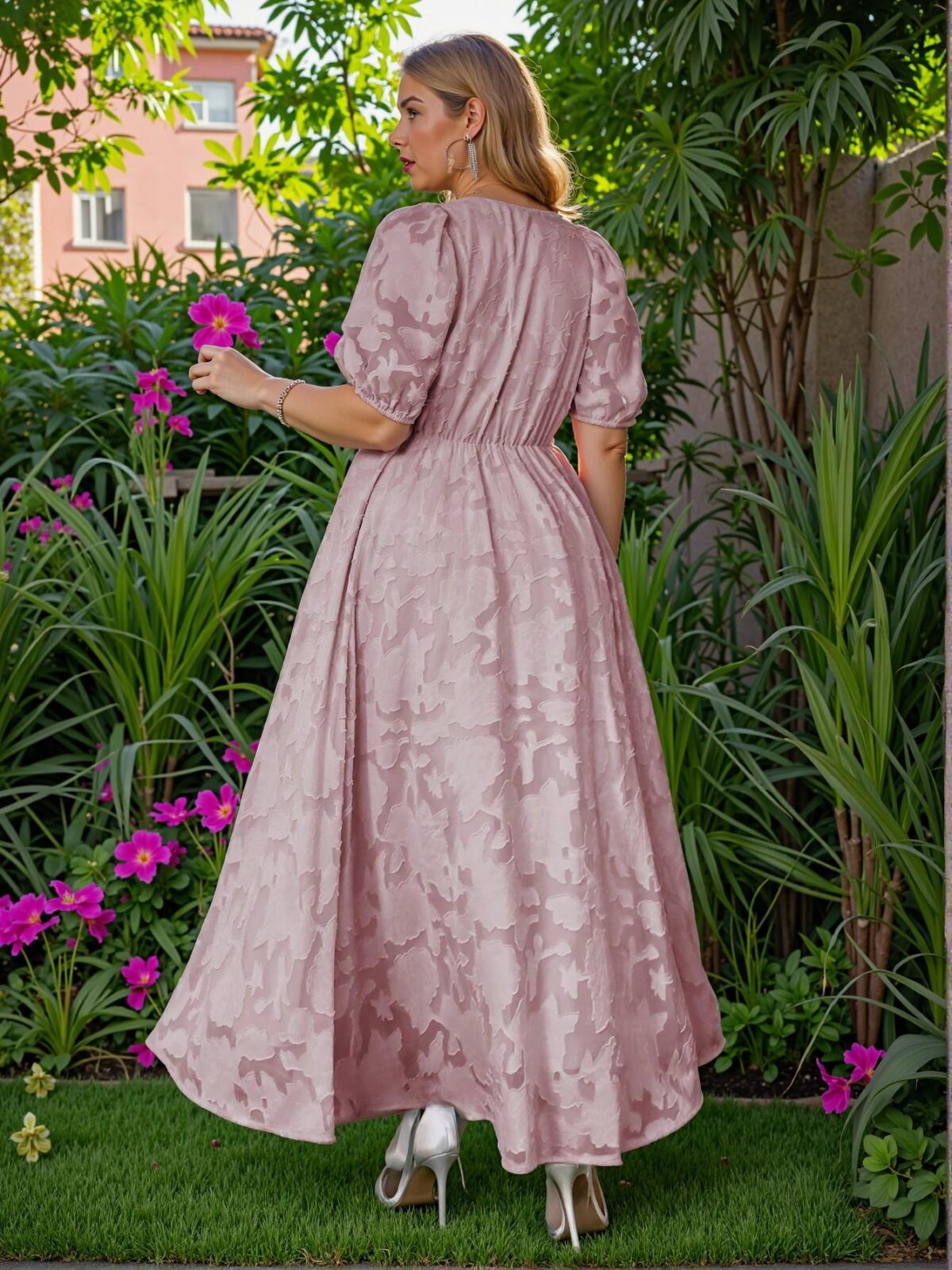 Elegant Pink Flared A-Line Deep V-Neck Dress with Puff Sleeves and Floral Details for Chic, Classy and Trendy Fashion Style to Dress to Impress - Image 3