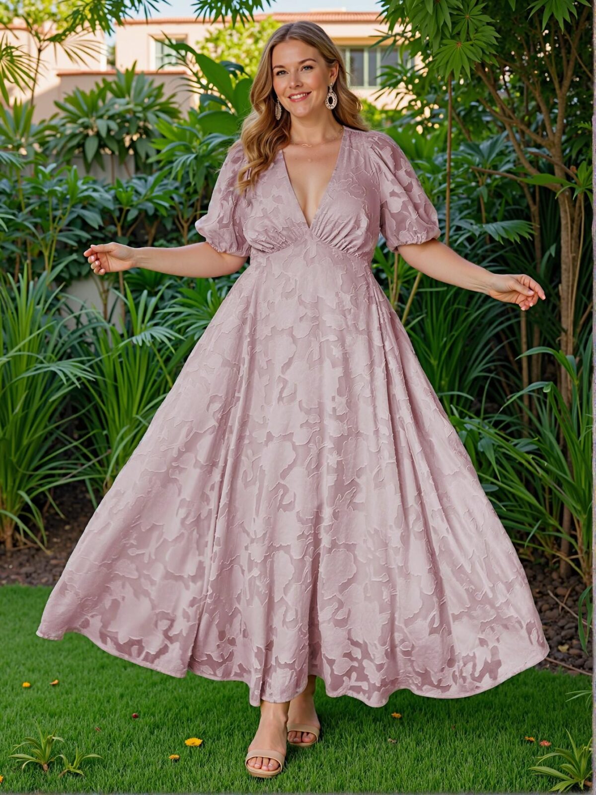 Elegant Pink Flared A-Line Deep V-Neck Dress with Puff Sleeves and Floral Details for Chic, Classy and Trendy Fashion Style to Dress to Impress - Image 4