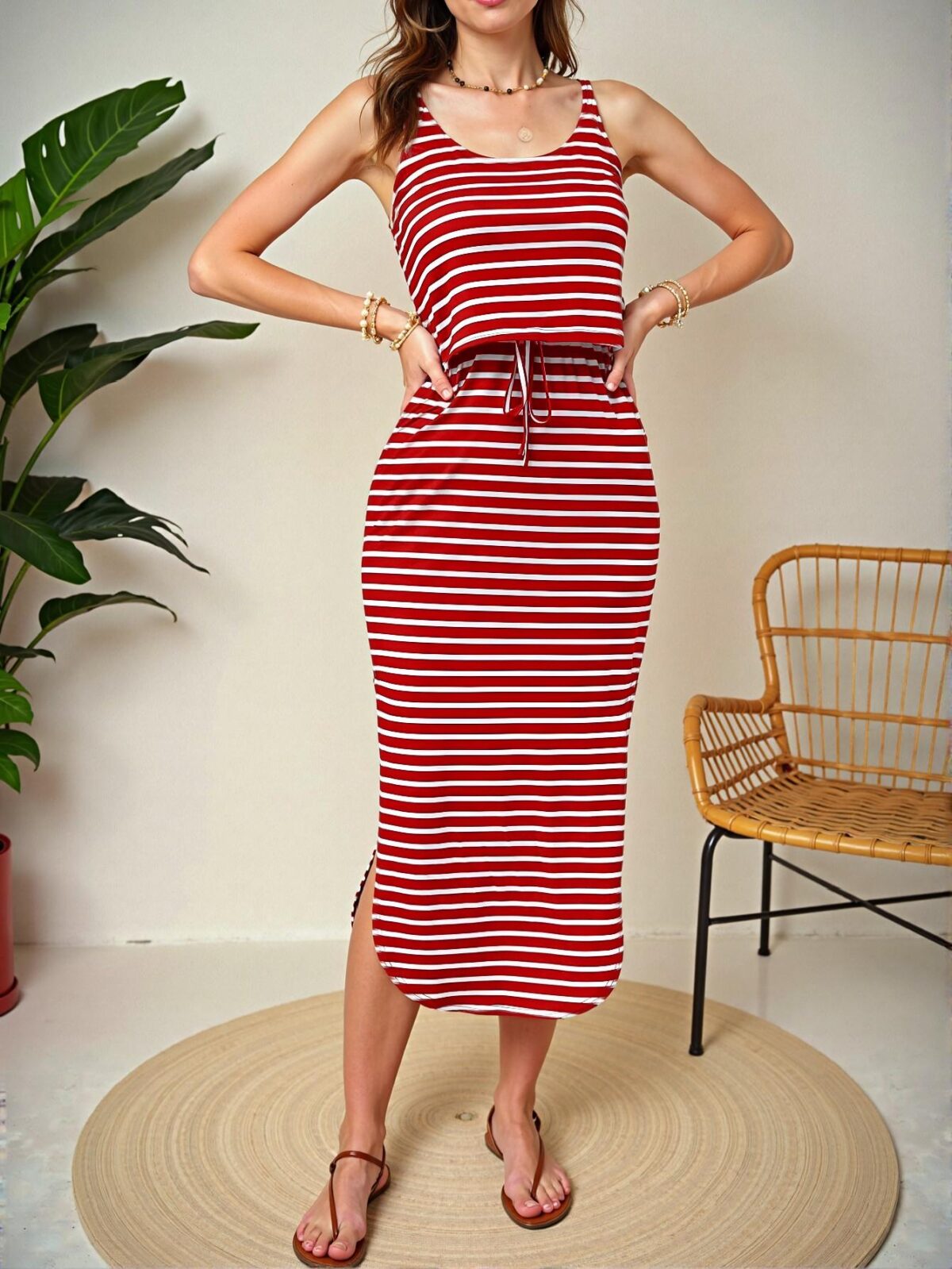 Elegant Red and White Casual Spaghetti Strap Maxi Dress with Tie Waist and Side Split Hem for Spring and Summer - Chic, Classy and Trendy Fashion Style to Dress to Impress - Image 3