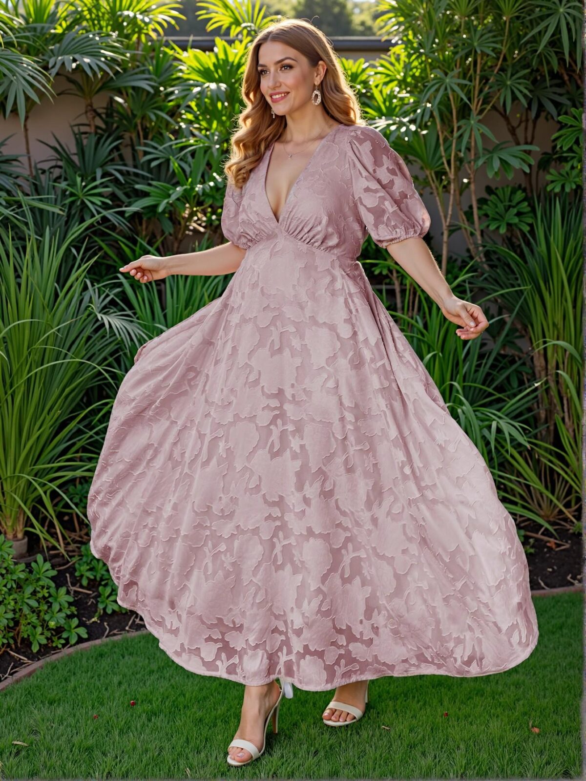 Elegant Pink Flared A-Line Deep V-Neck Dress with Puff Sleeves and Floral Details for Chic, Classy and Trendy Fashion Style to Dress to Impress - Image 5