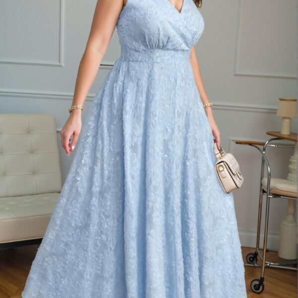 Elegant Blue V-Neck Dress with Alluring Collar Bone Exposure, Feminine 3D Daisy Cutout Design, Flattering High-Waisted Fit for Special Occasions, Perfectly Styled with High Heels and Minimal Jewelry for a Trendy Look to Shine in Every Event
