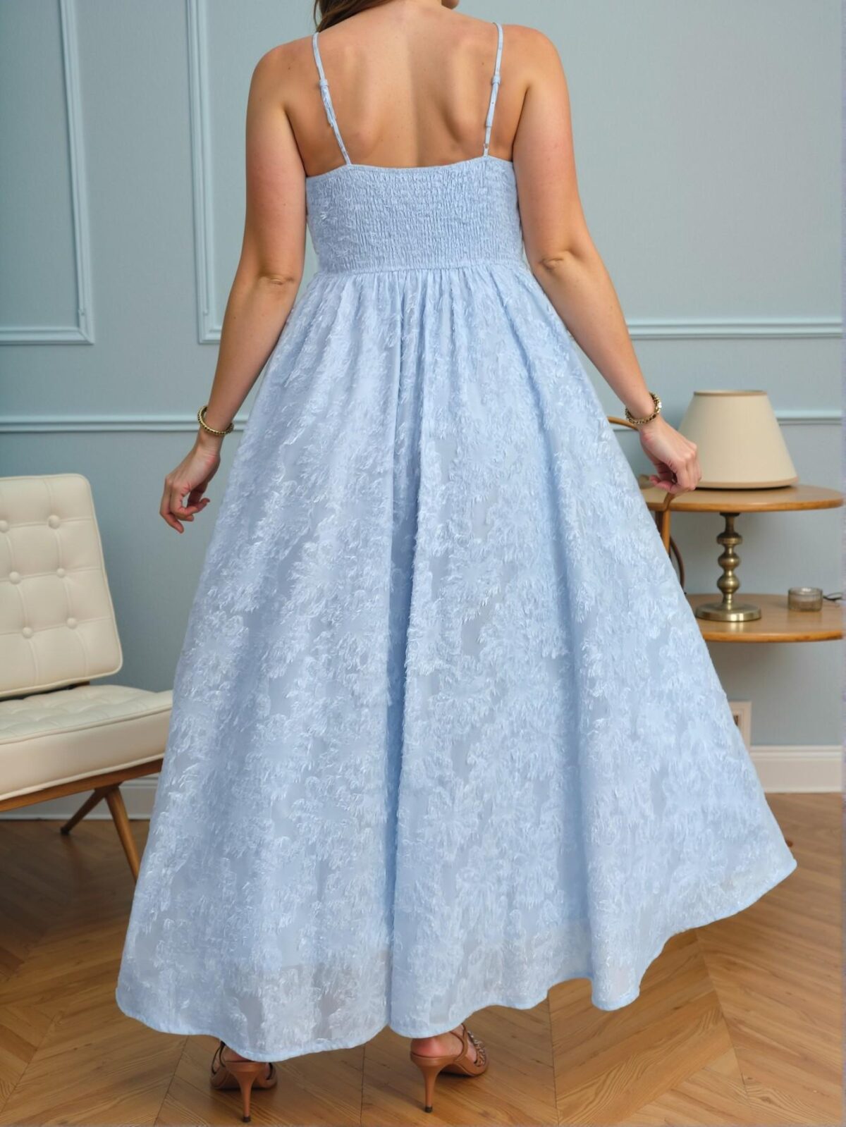 Elegant Blue V-Neck Dress with Alluring Collar Bone Exposure, Feminine 3D Daisy Cutout Design, Flattering High-Waisted Fit for Special Occasions, Perfectly Styled with High Heels and Minimal Jewelry for a Trendy Look to Shine in Every Event - Image 2
