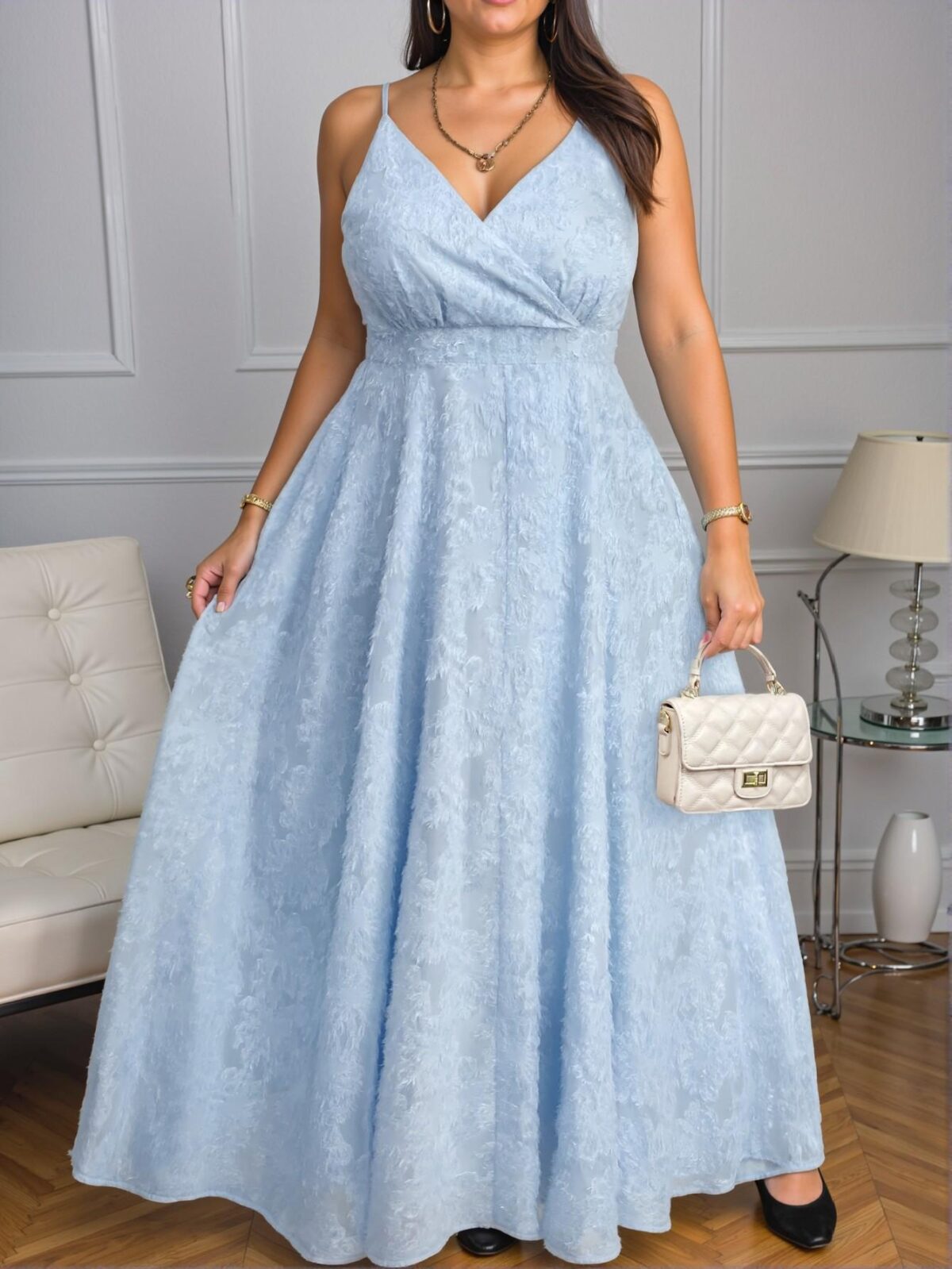 Elegant Blue V-Neck Dress with Alluring Collar Bone Exposure, Feminine 3D Daisy Cutout Design, Flattering High-Waisted Fit for Special Occasions, Perfectly Styled with High Heels and Minimal Jewelry for a Trendy Look to Shine in Every Event - Image 3