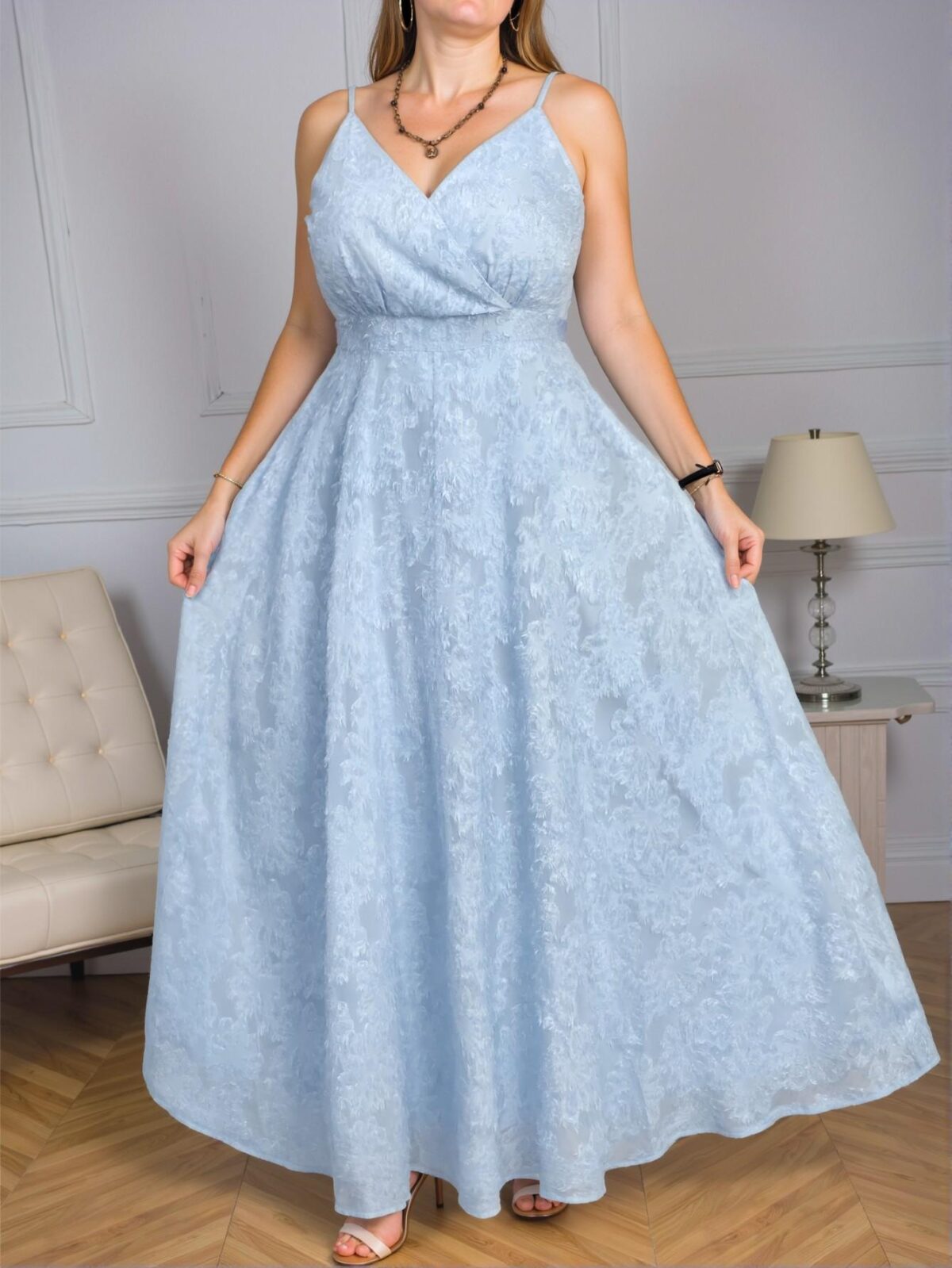 Elegant Blue V-Neck Dress with Alluring Collar Bone Exposure, Feminine 3D Daisy Cutout Design, Flattering High-Waisted Fit for Special Occasions, Perfectly Styled with High Heels and Minimal Jewelry for a Trendy Look to Shine in Every Event - Image 5