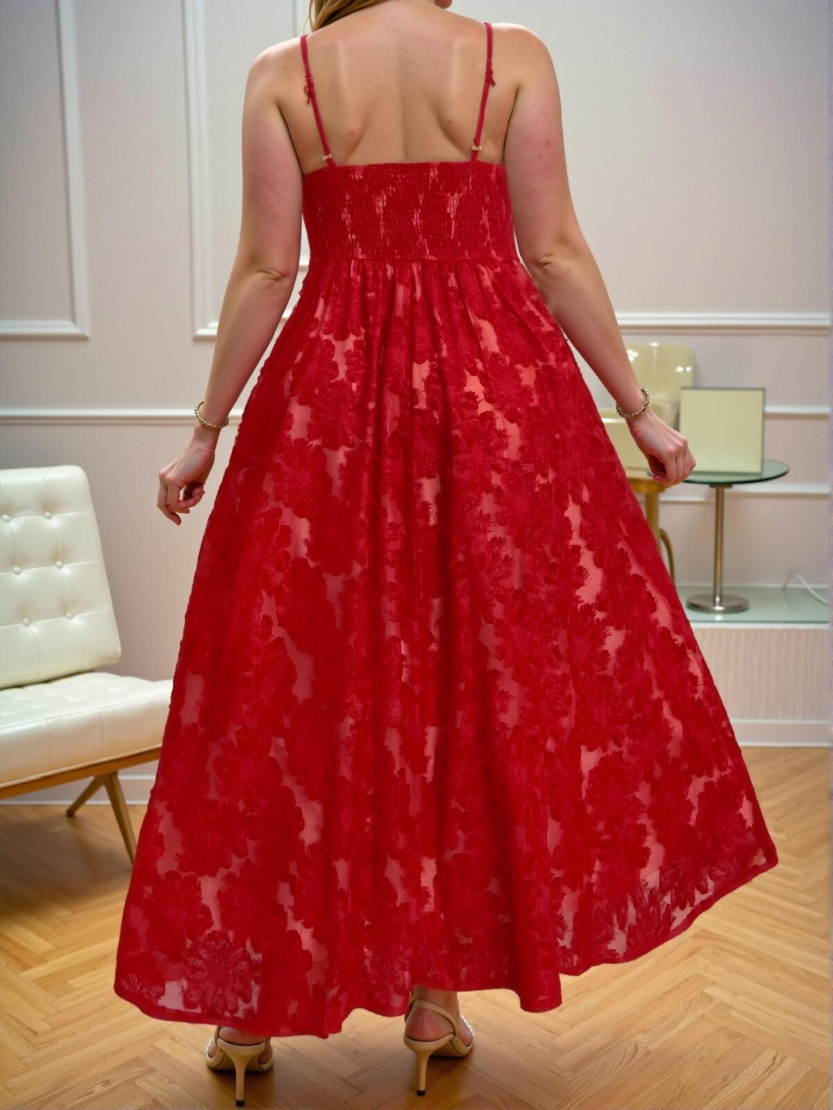 Elegant Red V-Neck Jacquard Slip Dress for Festivals, Romantic Occasions, and Seasonal Celebrations, Perfect for Casual Gatherings and Beach Trips, Chic, Classy and Trendy Fashion Style to Dress to Impress - Image 2