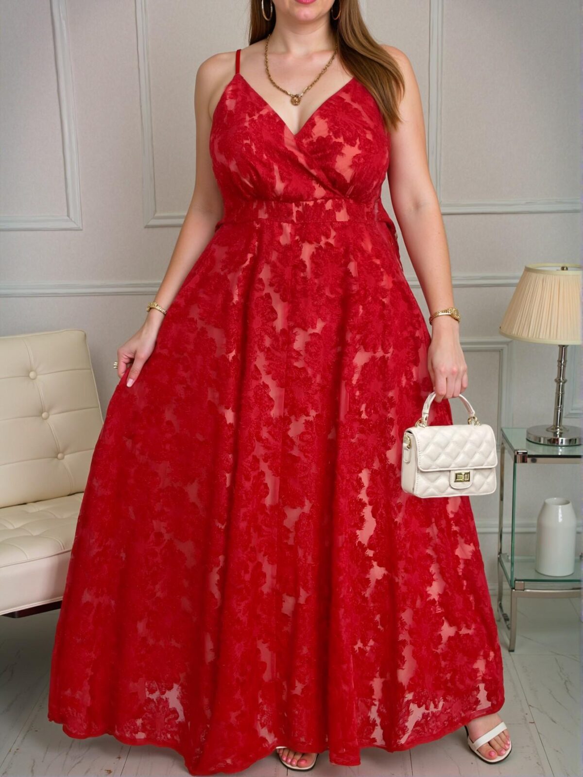 Elegant Red V-Neck Jacquard Slip Dress for Festivals, Romantic Occasions, and Seasonal Celebrations, Perfect for Casual Gatherings and Beach Trips, Chic, Classy and Trendy Fashion Style to Dress to Impress - Image 3