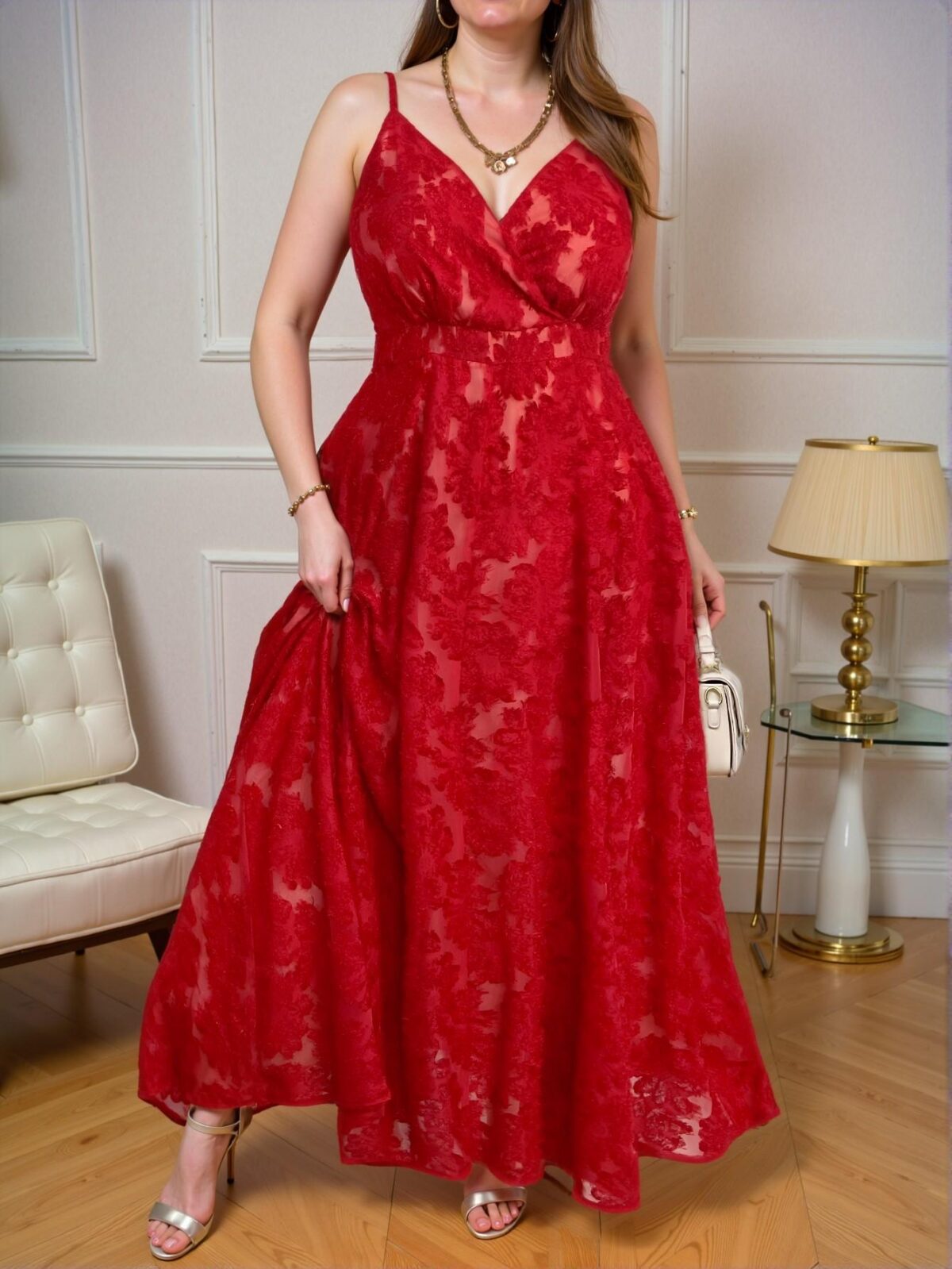 Elegant Red V-Neck Jacquard Slip Dress for Festivals, Romantic Occasions, and Seasonal Celebrations, Perfect for Casual Gatherings and Beach Trips, Chic, Classy and Trendy Fashion Style to Dress to Impress - Image 4
