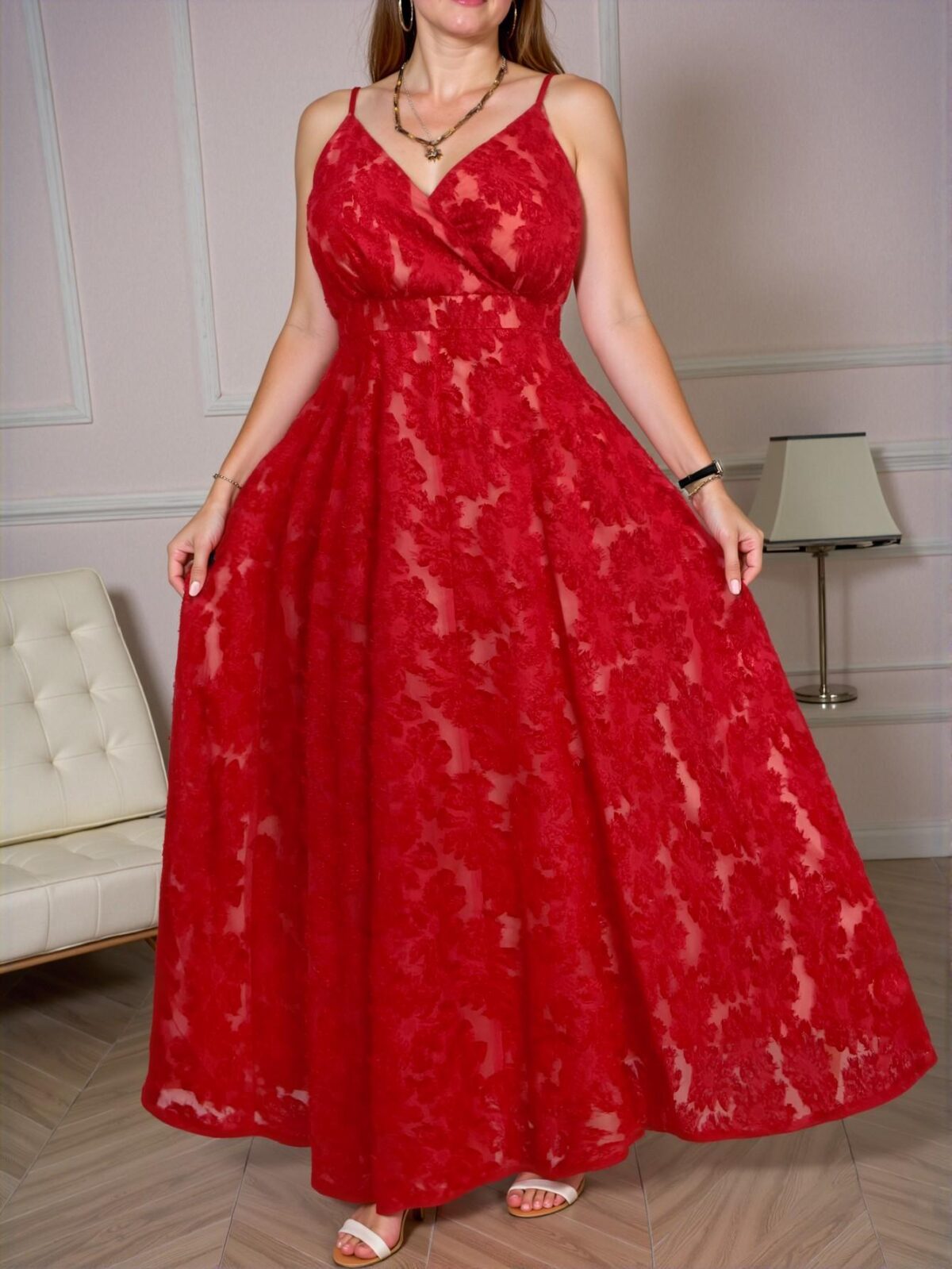 Elegant Red V-Neck Jacquard Slip Dress for Festivals, Romantic Occasions, and Seasonal Celebrations, Perfect for Casual Gatherings and Beach Trips, Chic, Classy and Trendy Fashion Style to Dress to Impress - Image 5