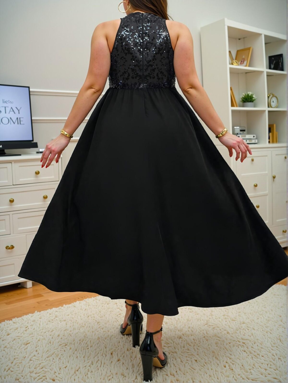 Elegant Black High Low Hem Contrast Sequin Halter Dress for Summer Maxi Women's Outfit - Chic, Classy and Trendy Fashion Style to Dress to Impress - Image 2