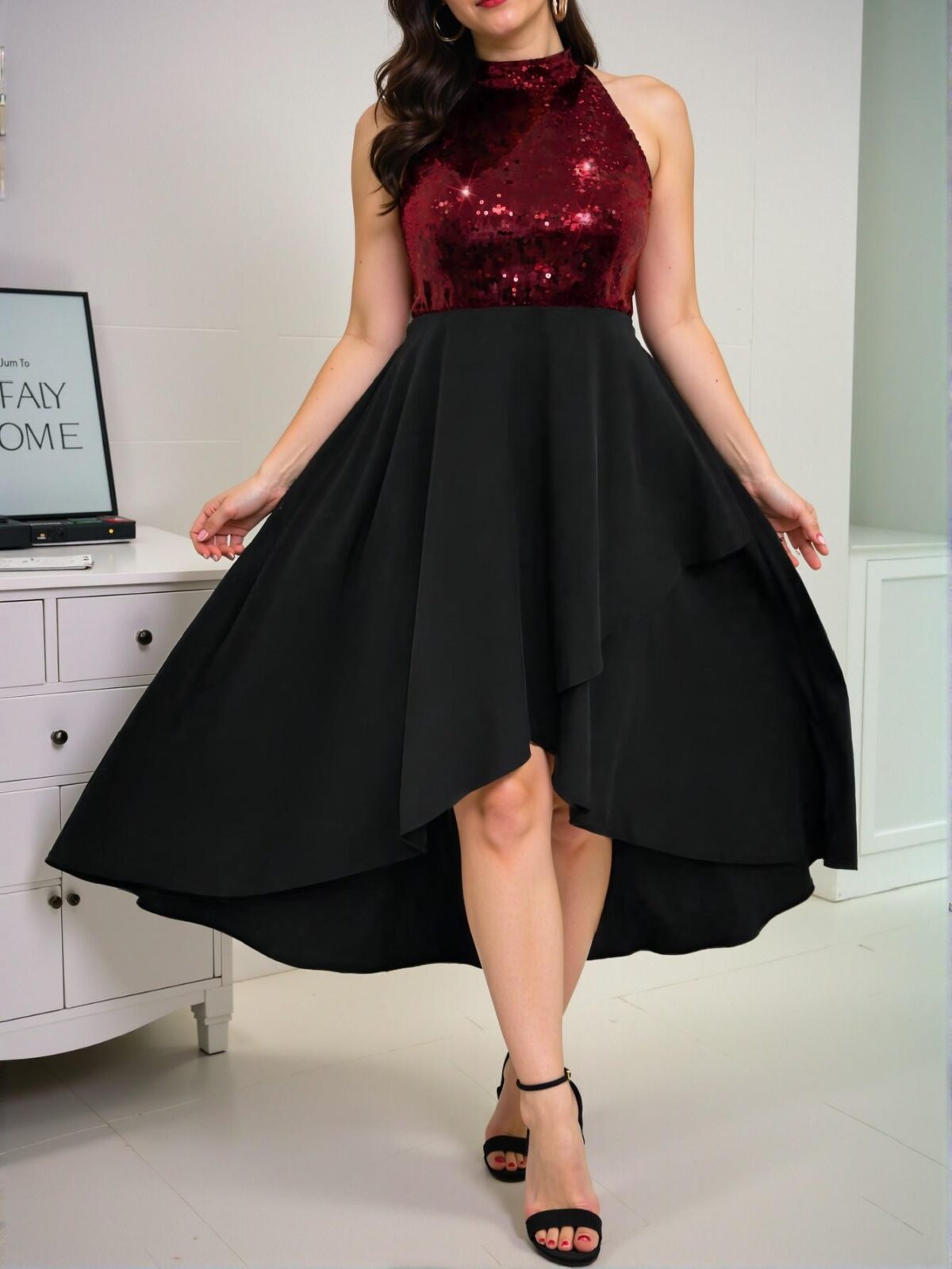Elegant Multicolor Asymmetric Hem Halter Maxi Dress with Sequin Detail - Chic, Classy and Trendy Fashion Style to Dress to Impress - Image 4