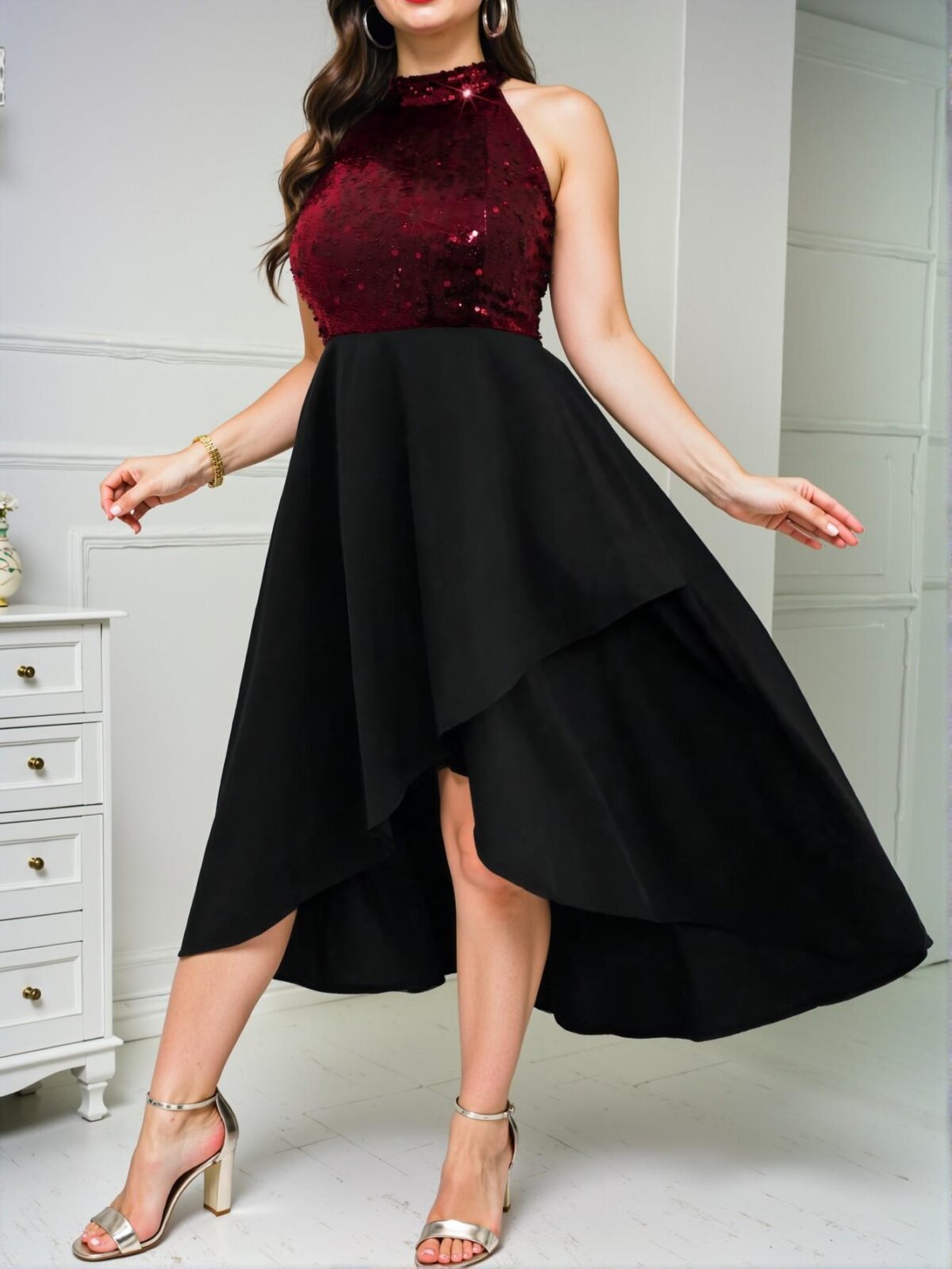 Elegant Multicolor Asymmetric Hem Halter Maxi Dress with Sequin Detail - Chic, Classy and Trendy Fashion Style to Dress to Impress - Image 5