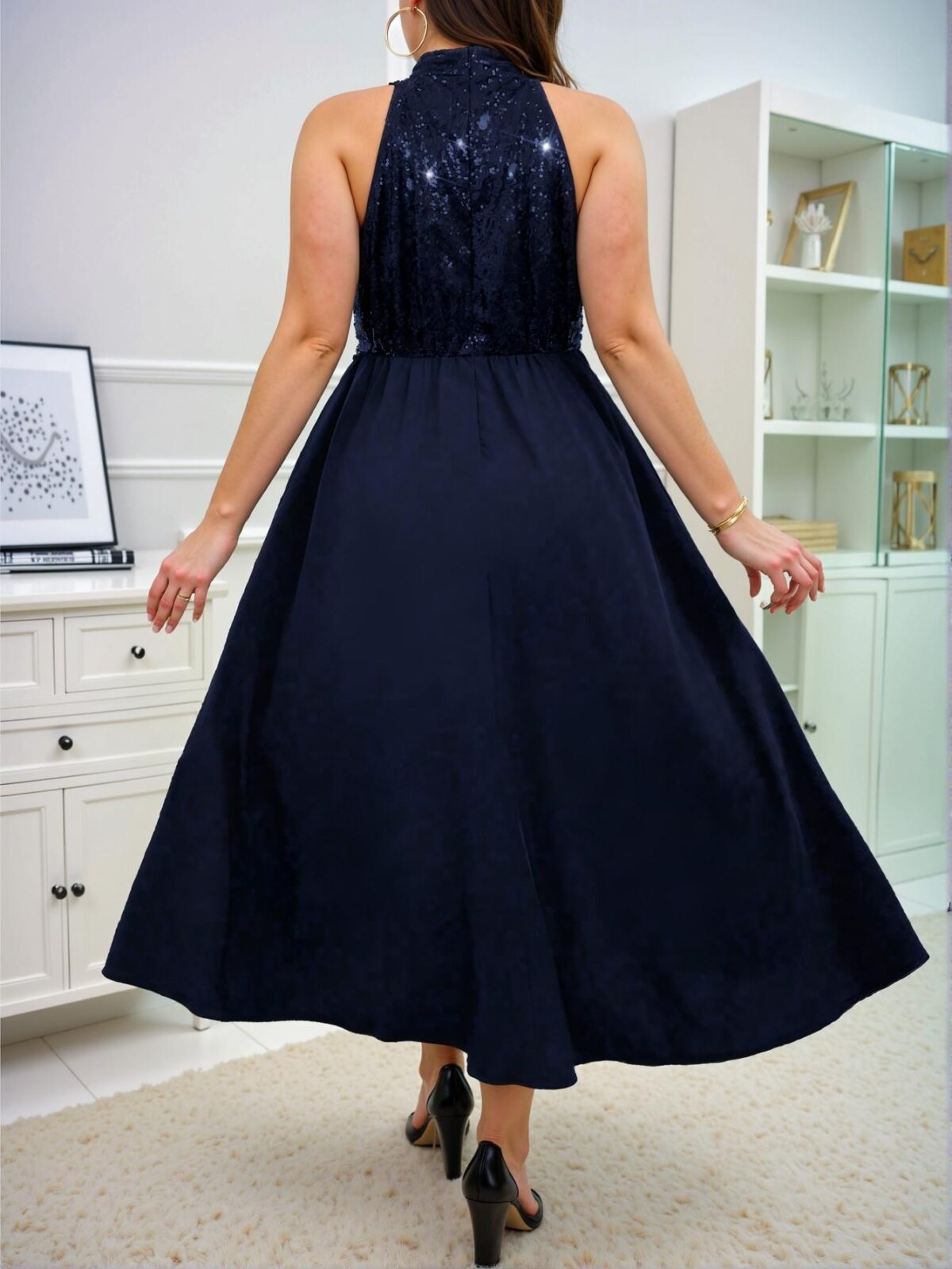 Elegant Navy Blue Sequin Patchwork Halter Maxi Dress with High Low Hem for Plus Size Women - Chic, Classy and Trendy Fashion Style to Dress to Impress - Image 2