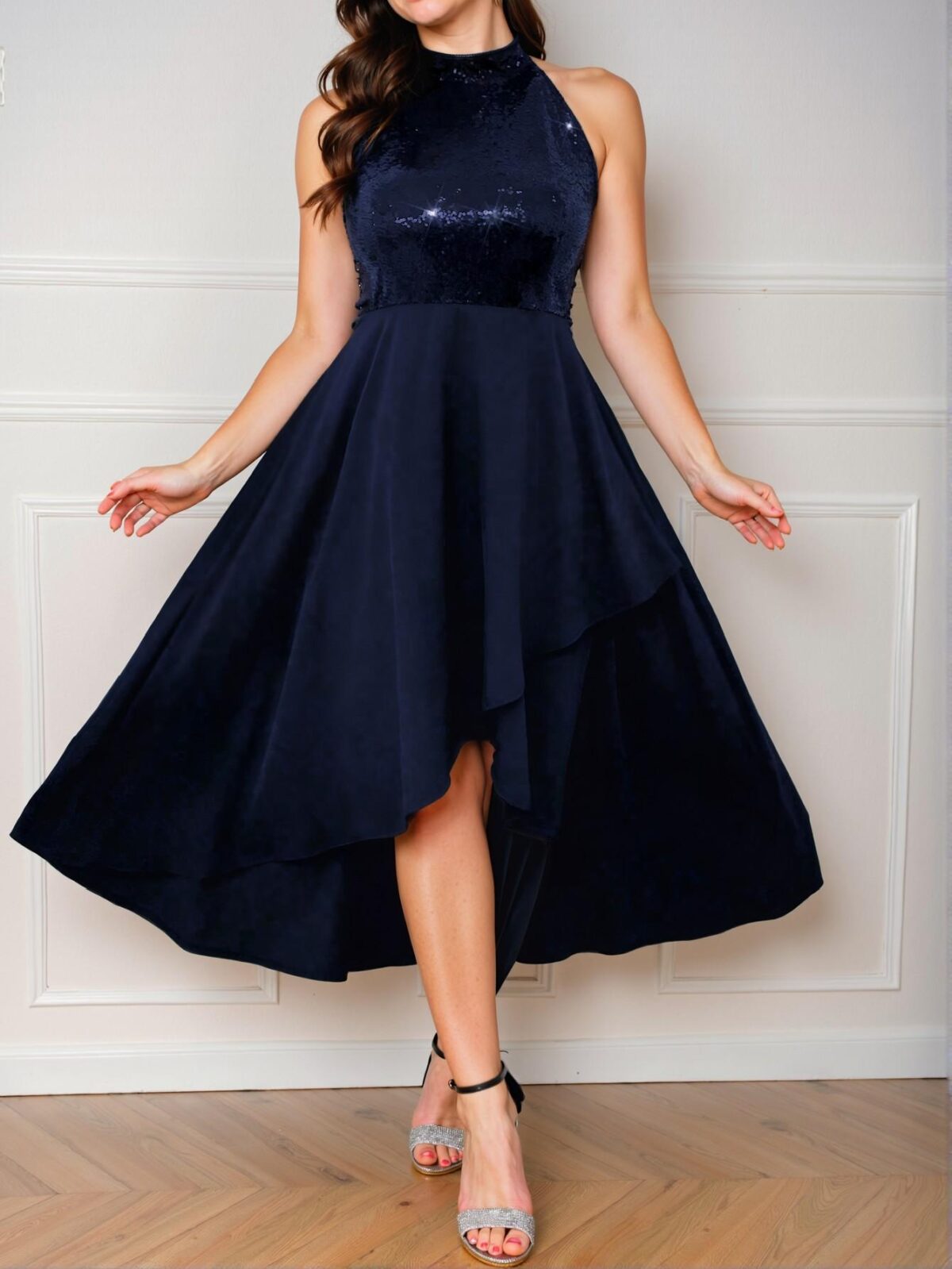 Elegant Navy Blue Sequin Patchwork Halter Maxi Dress with High Low Hem for Plus Size Women - Chic, Classy and Trendy Fashion Style to Dress to Impress - Image 5