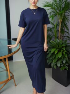 Elegant Navy Blue Sophisticated Casual Long Dress with Round Neck and Short Sleeves for Spring and Summer - Chic, Classy and Trendy Fashion Style to Dress to Impress