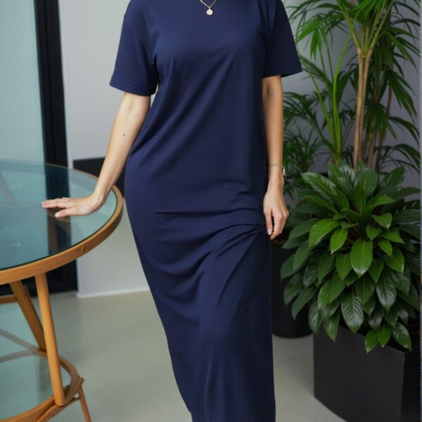 Elegant Navy Blue Sophisticated Casual Long Dress with Round Neck and Short Sleeves for Spring and Summer - Chic, Classy and Trendy Fashion Style to Dress to Impress
