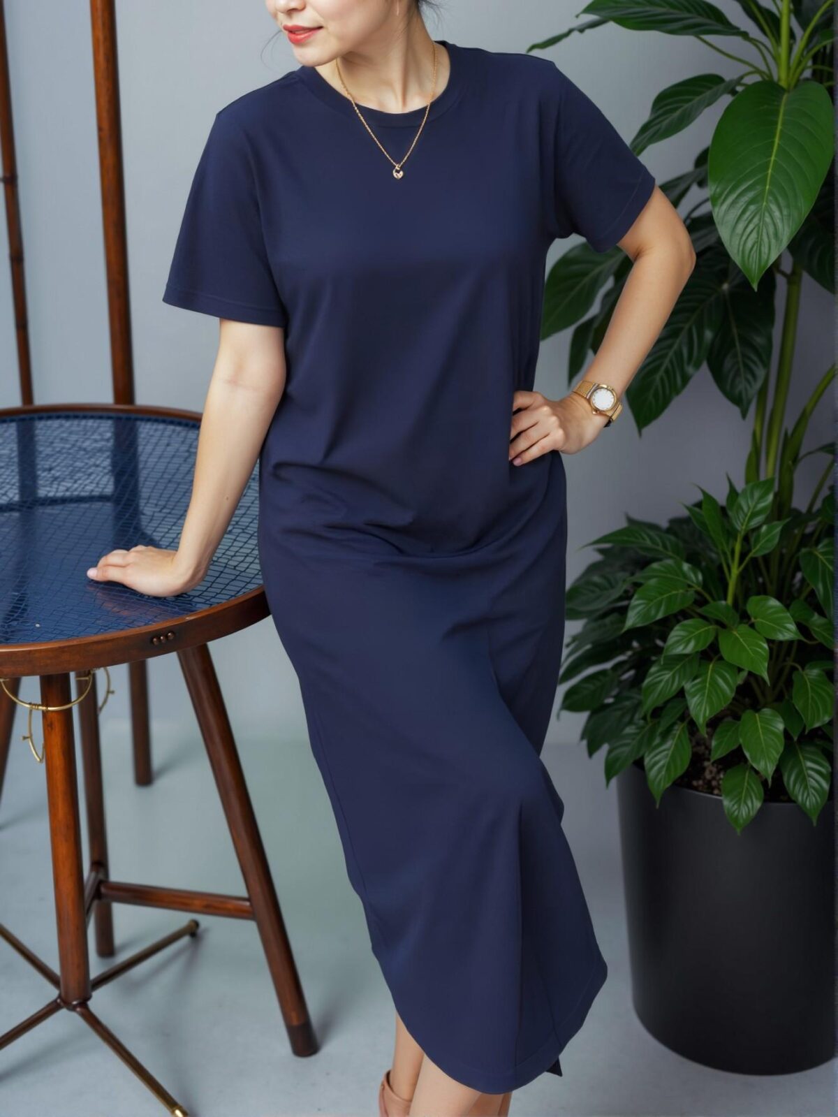 Elegant Navy Blue Sophisticated Casual Long Dress with Round Neck and Short Sleeves for Spring and Summer - Chic, Classy and Trendy Fashion Style to Dress to Impress - Image 2