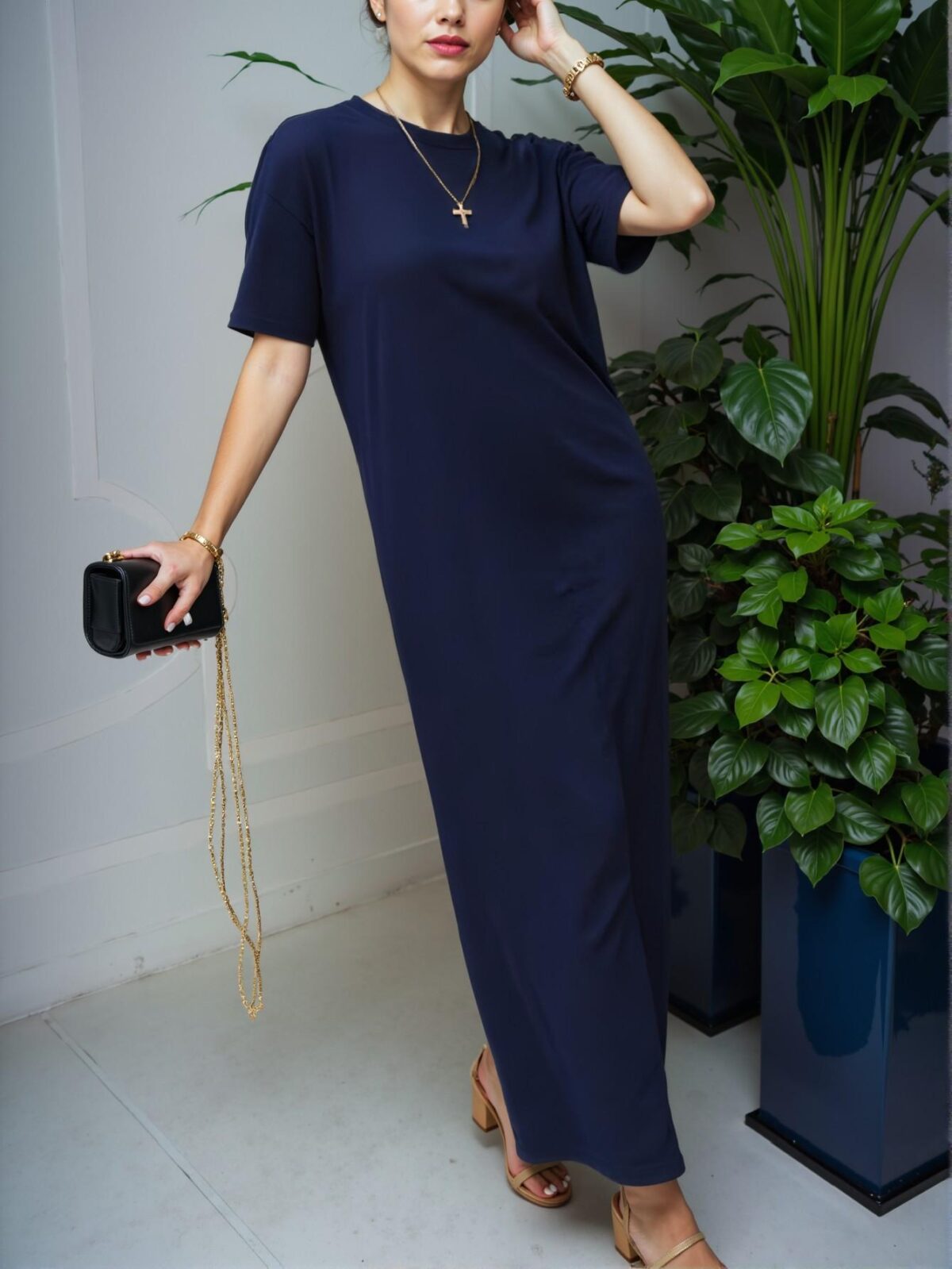 Elegant Navy Blue Sophisticated Casual Long Dress with Round Neck and Short Sleeves for Spring and Summer - Chic, Classy and Trendy Fashion Style to Dress to Impress - Image 4