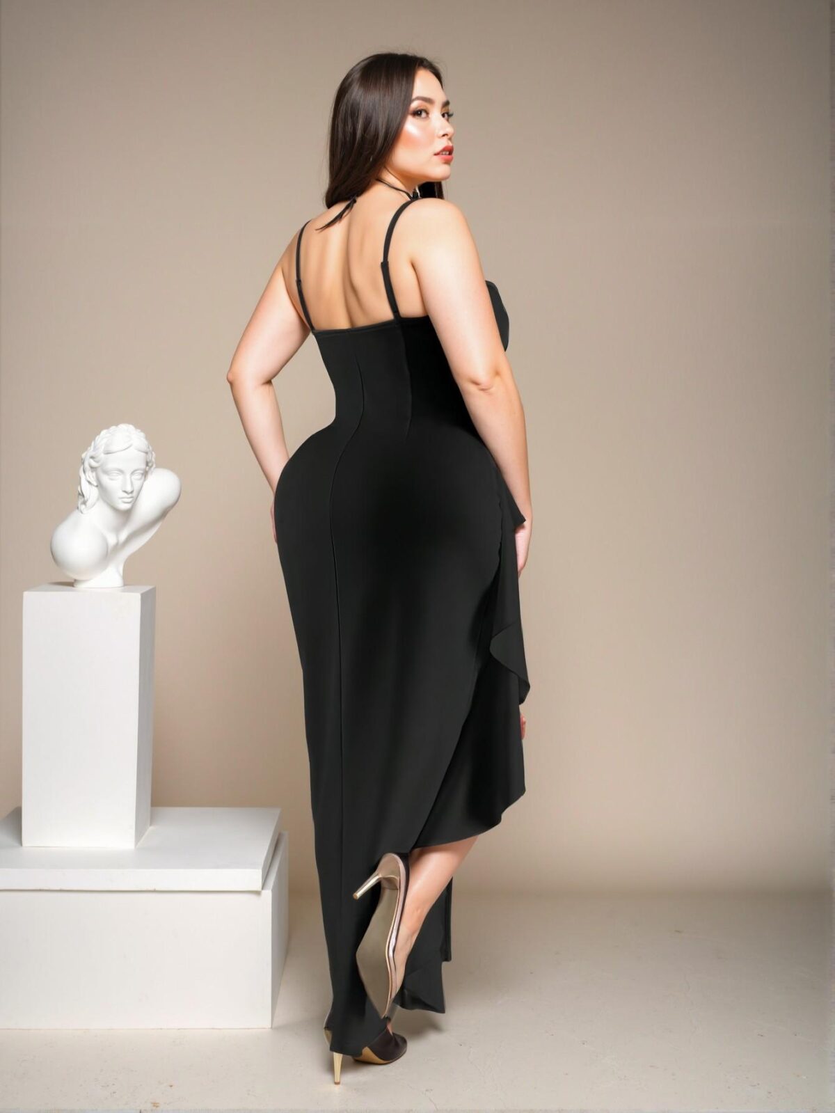 Elegant Black Bodycon Spaghetti Strap High Slit Dress with 3D Floral and Ruffle Hem Details Perfect for Balls, Banquets, and Parties - Chic, Classy and Trendy Fashion Style to Dress to Impress - Image 2