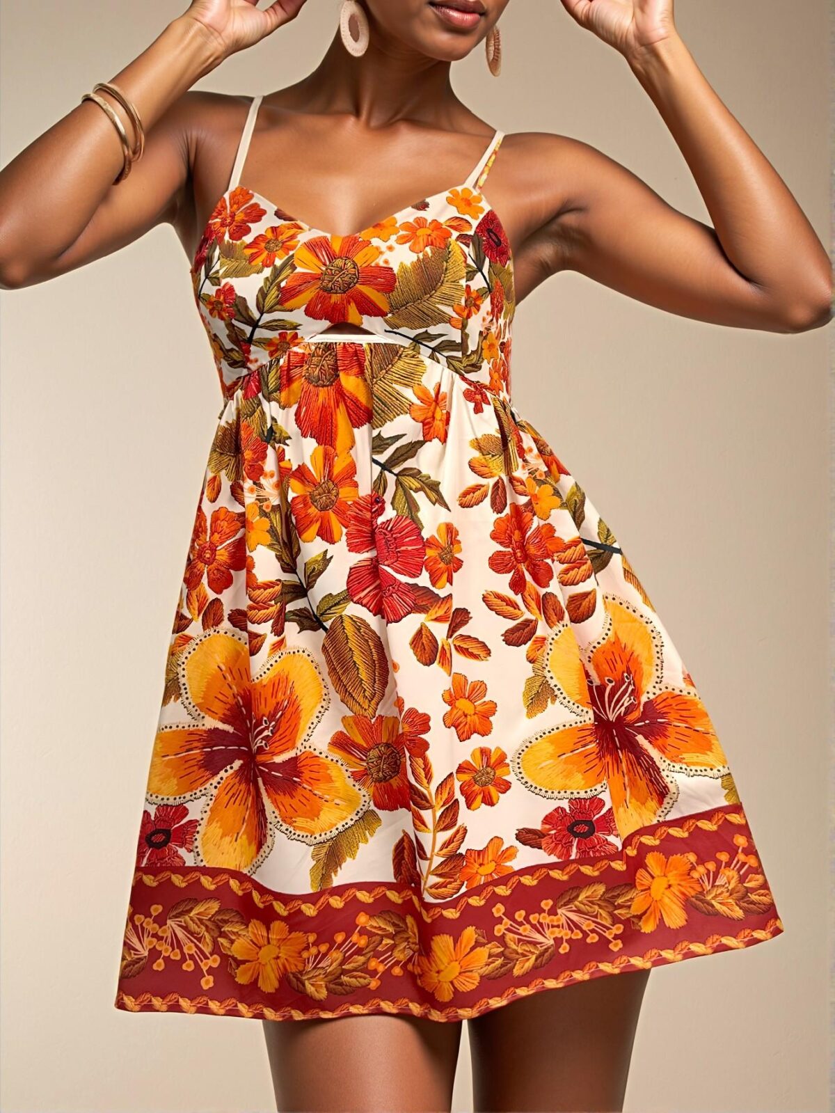 Elegant Apricot Floral Print Cami Mini Dress for Summer Adventures and Festivities - Chic, Classy and Trendy Fashion Style to Dress to Impress