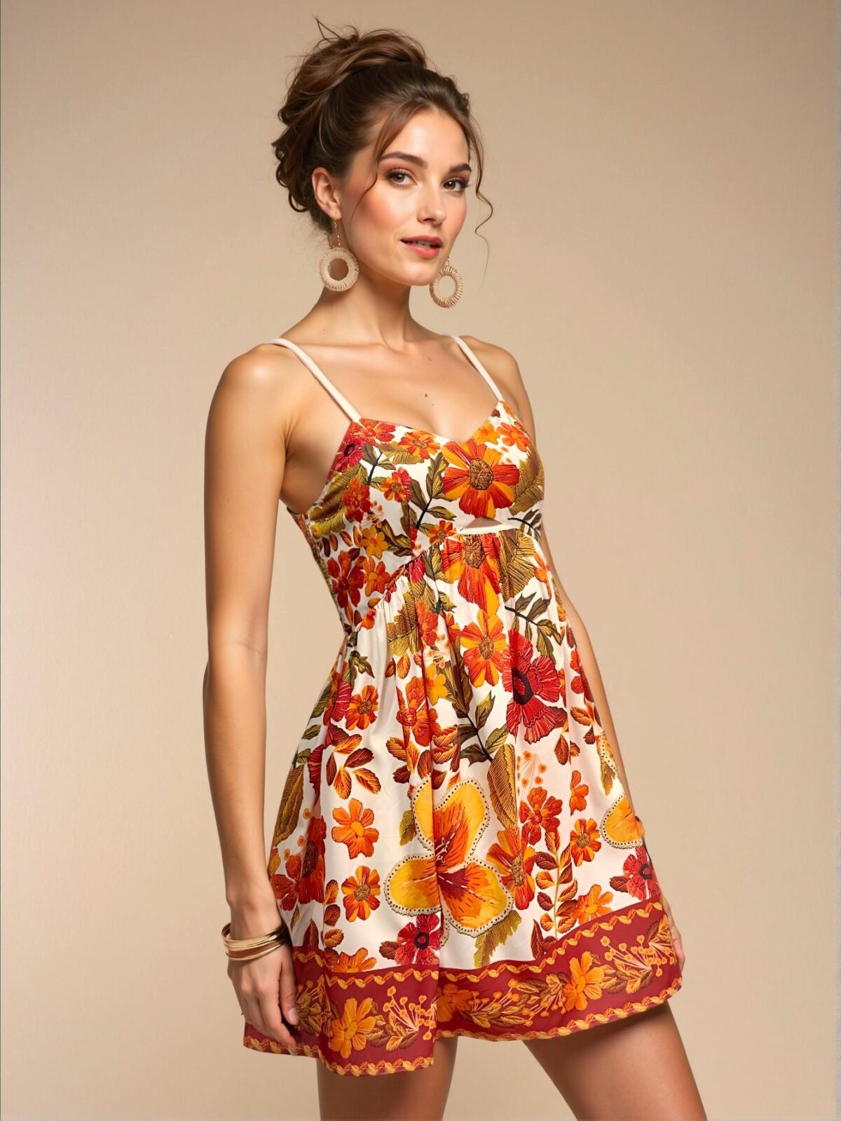 Elegant Apricot Floral Print Cami Mini Dress for Summer Adventures and Festivities - Chic, Classy and Trendy Fashion Style to Dress to Impress - Image 4