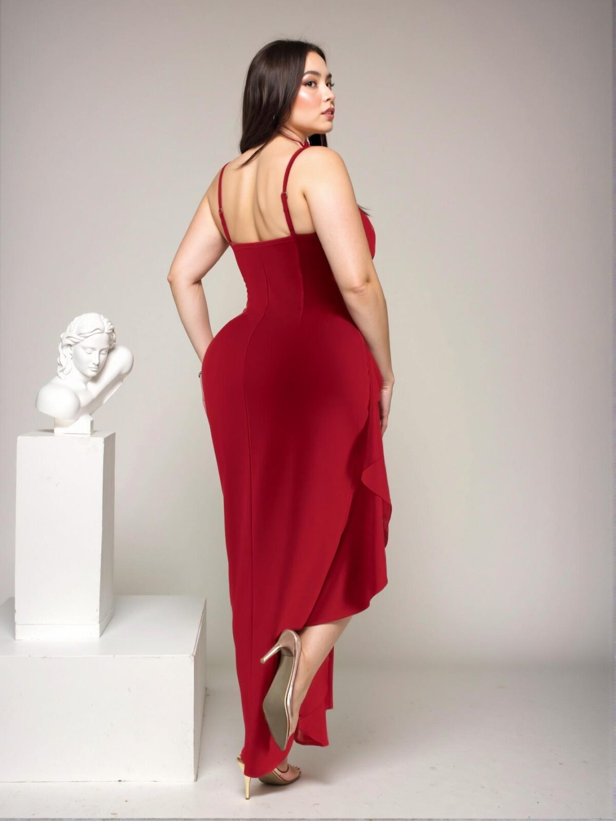 Elegant Red Bodycon Skirt with Floral & Ruffle Accents, Perfect for Formal Events and Celebrations - Chic, Classy and Trendy Fashion Style to Dress to Impress - Image 2
