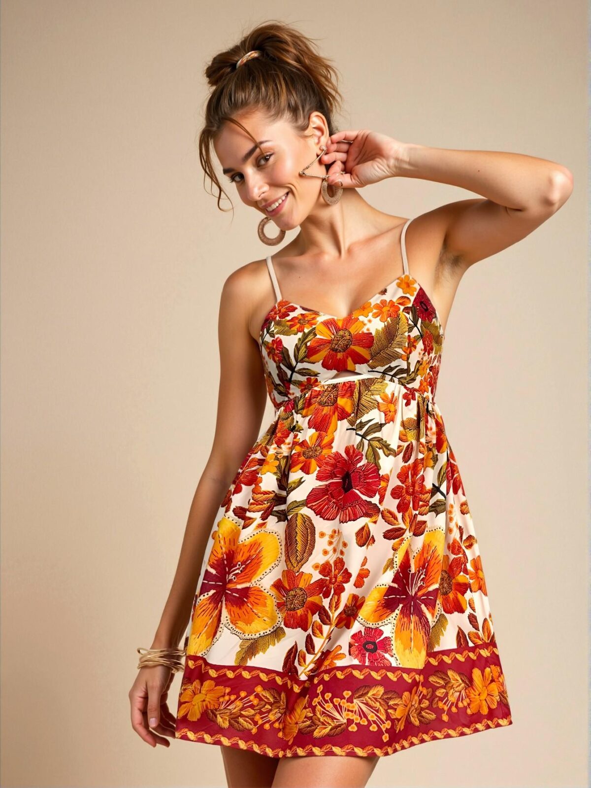 Elegant Apricot Floral Print Cami Mini Dress for Summer Adventures and Festivities - Chic, Classy and Trendy Fashion Style to Dress to Impress - Image 5