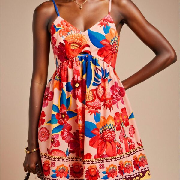 Elegant Multicolor Tropical Print Cami Mini Dress for Spring and Summer – Perfect for Beach Outings, Festivals, and Romantic Getaways – Chic, Classy and Trendy Fashion Style to Dress to Impress