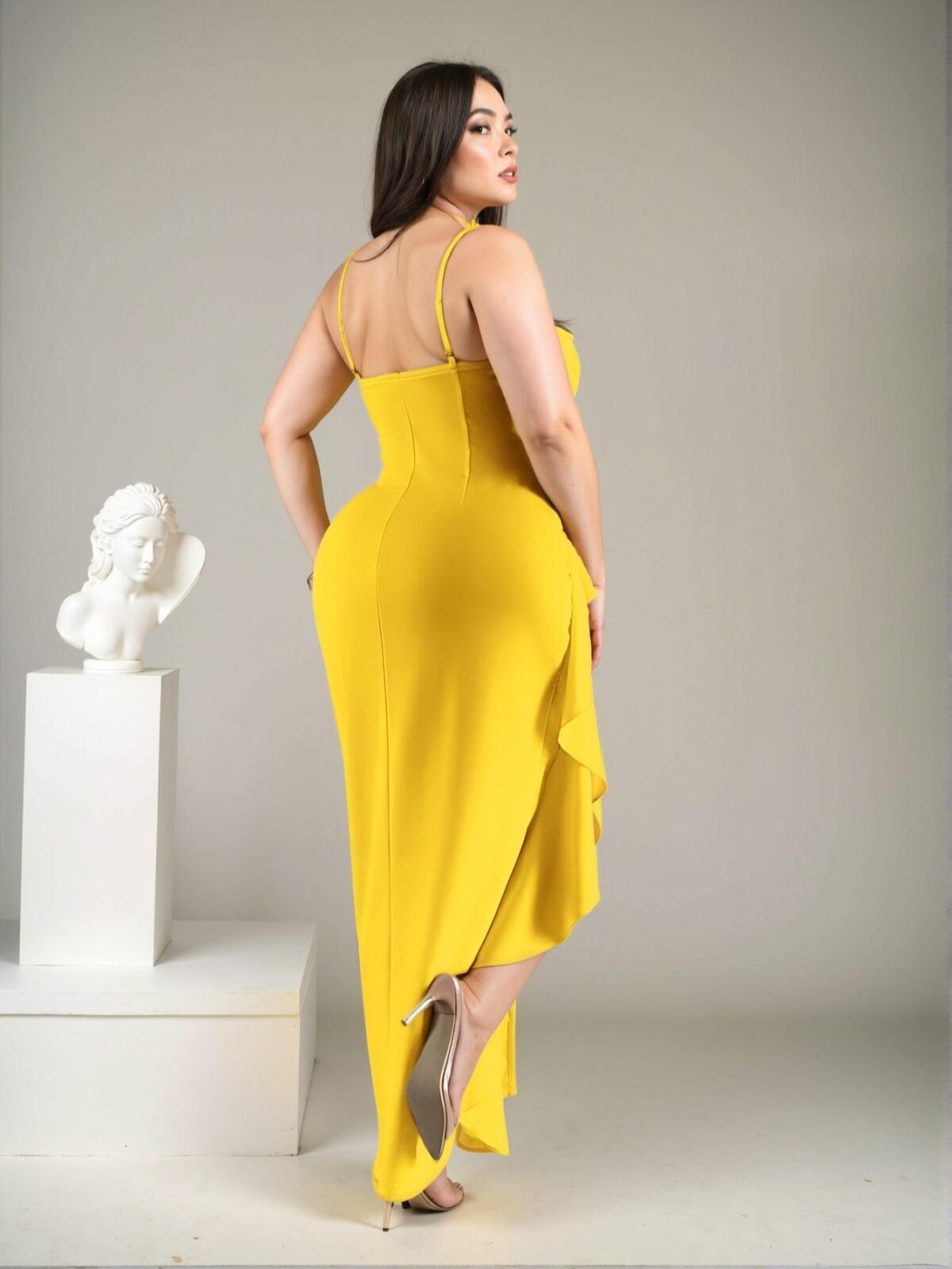 Elegant Yellow Maxi Dress with Spaghetti Strap, Draped Neckline, High Slit, 3D Floral Accents, and Ruffle Trim – Perfect for Cocktail, Wedding, or Party Events. Chic, Classy, and Trendy Fashion Style to Dress to Impress. - Image 2